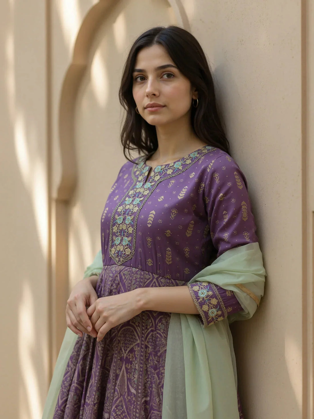 Buy Poly Viscose Embroidered Anarkali Calf Length Kurta with Pant and Dupatta-Purple