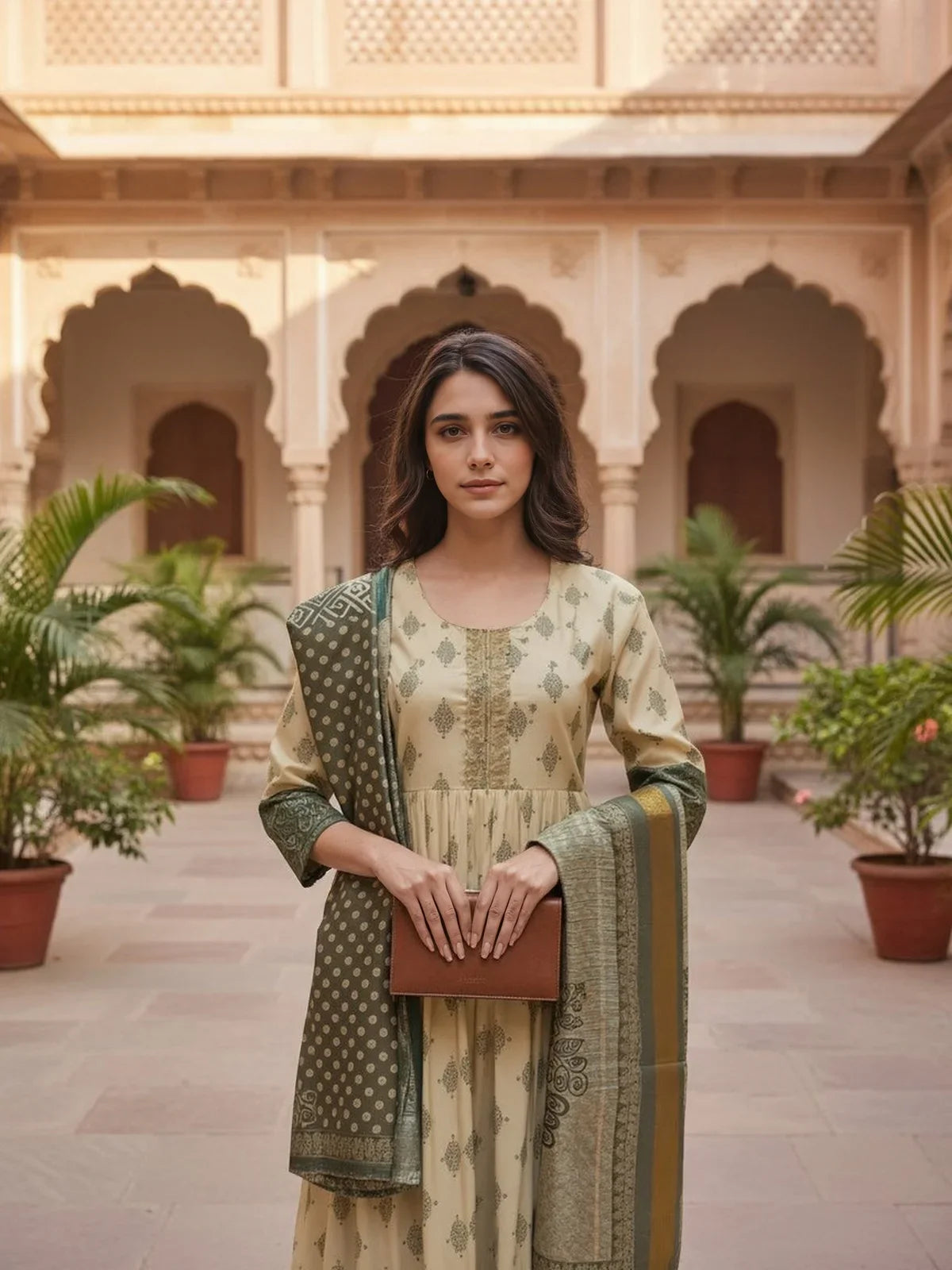 Buy Poly Viscose Embroidered Anarkali Calf Length Kurta and Pant with Dupatta-Green
