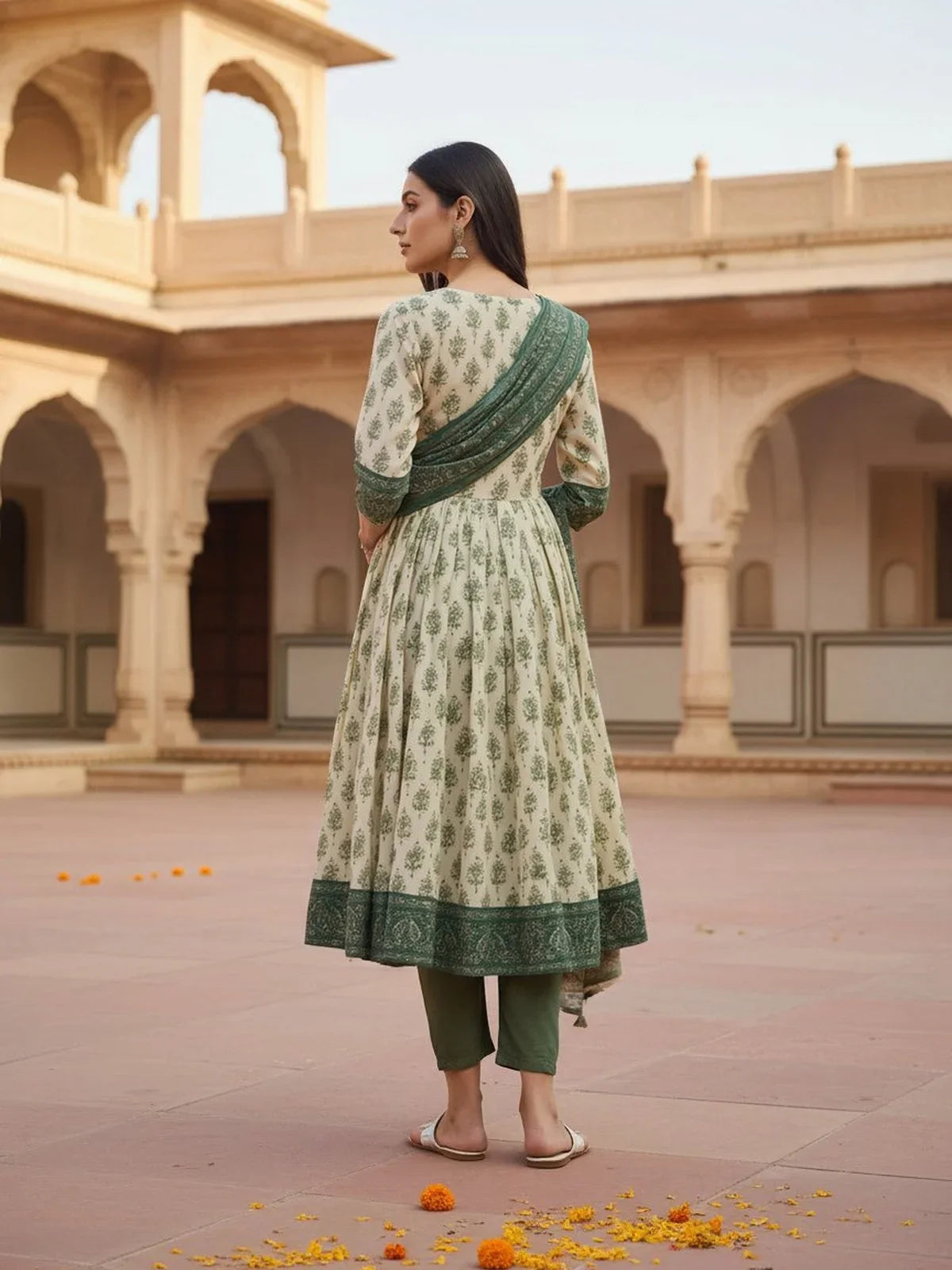 Buy Poly Viscose Embroidered Anarkali Calf Length Kurta and Pant with Dupatta-Green