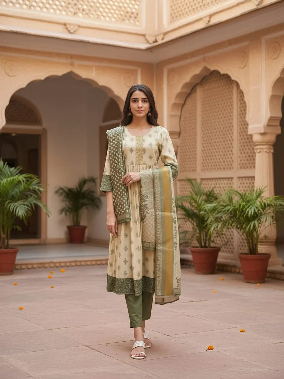 Buy Poly Viscose Embroidered Anarkali Calf Length Kurta and Pant with Dupatta-Green
