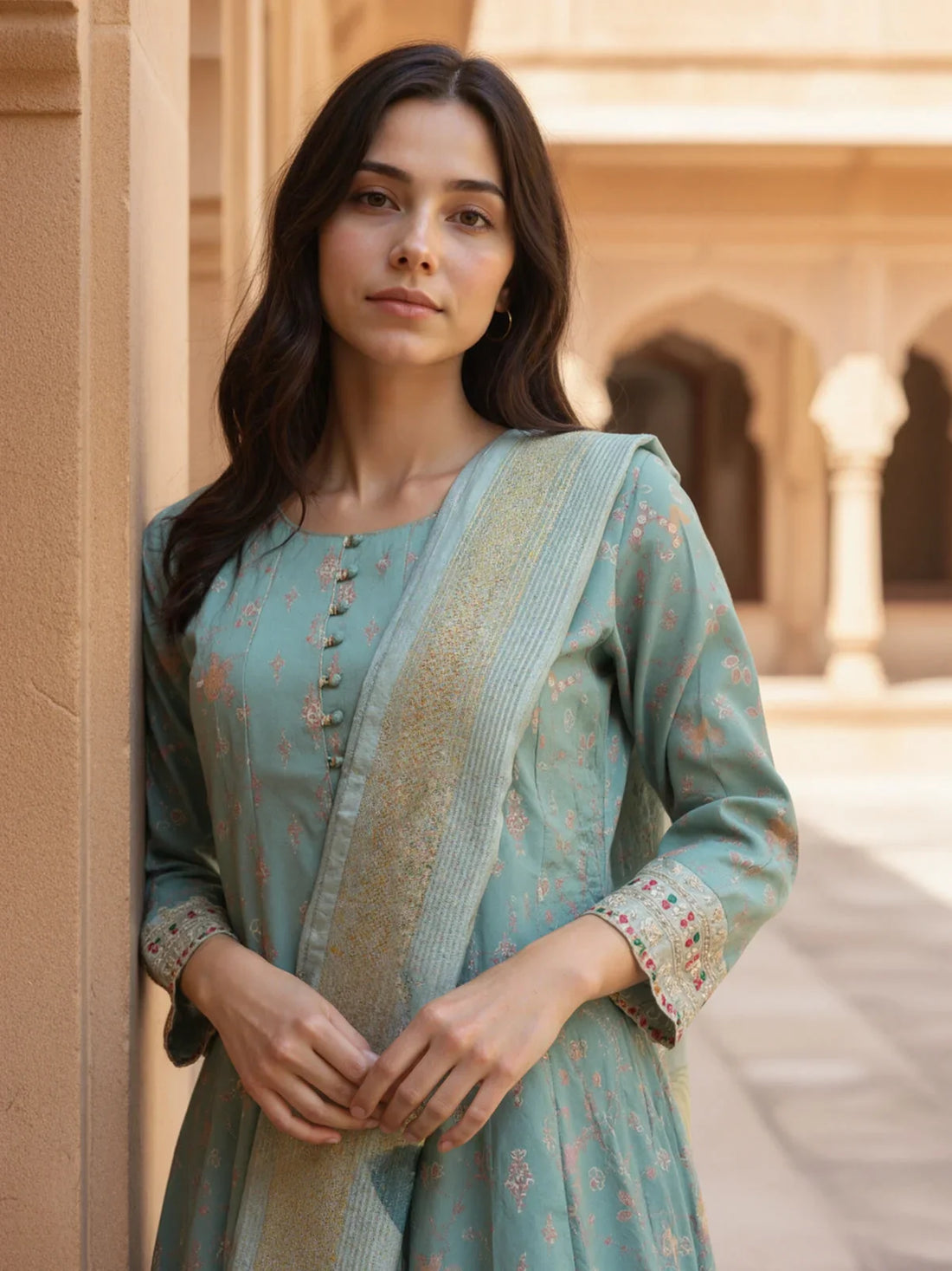 Buy Poly Viscose Embroidered Anarkali Calf Length Kurta with Pant and Dupatta-Green