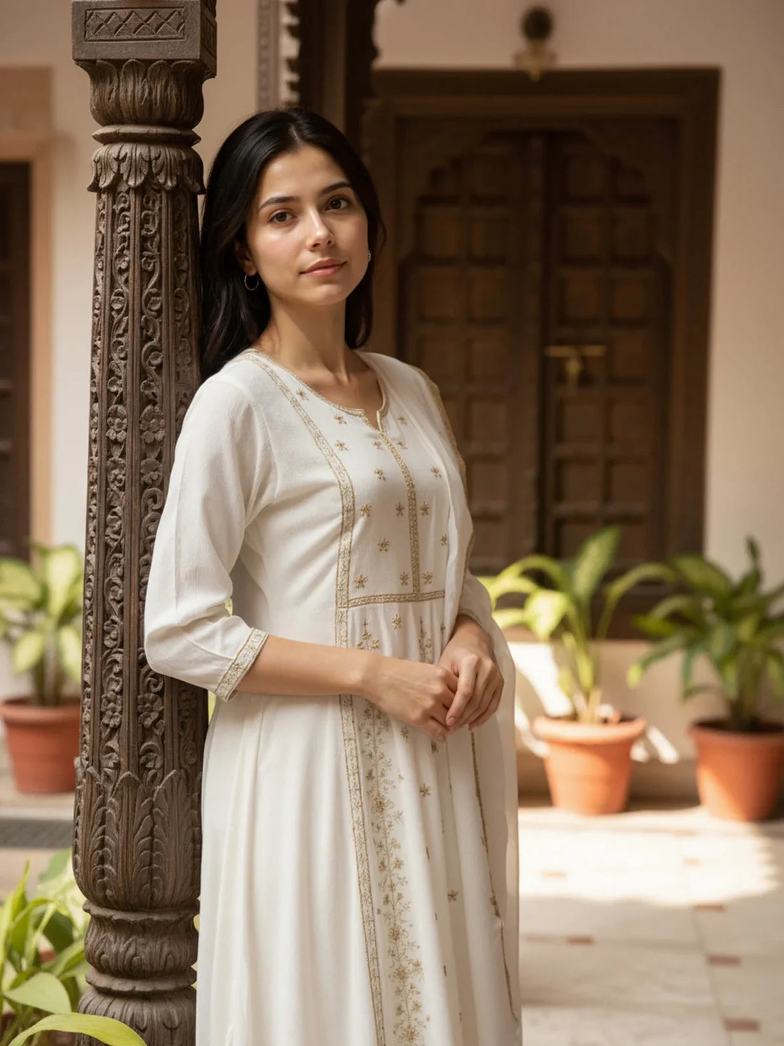 Buy Poly Viscose Embroidered Flared Calf Length Kurta with Pant and Dupatta-White