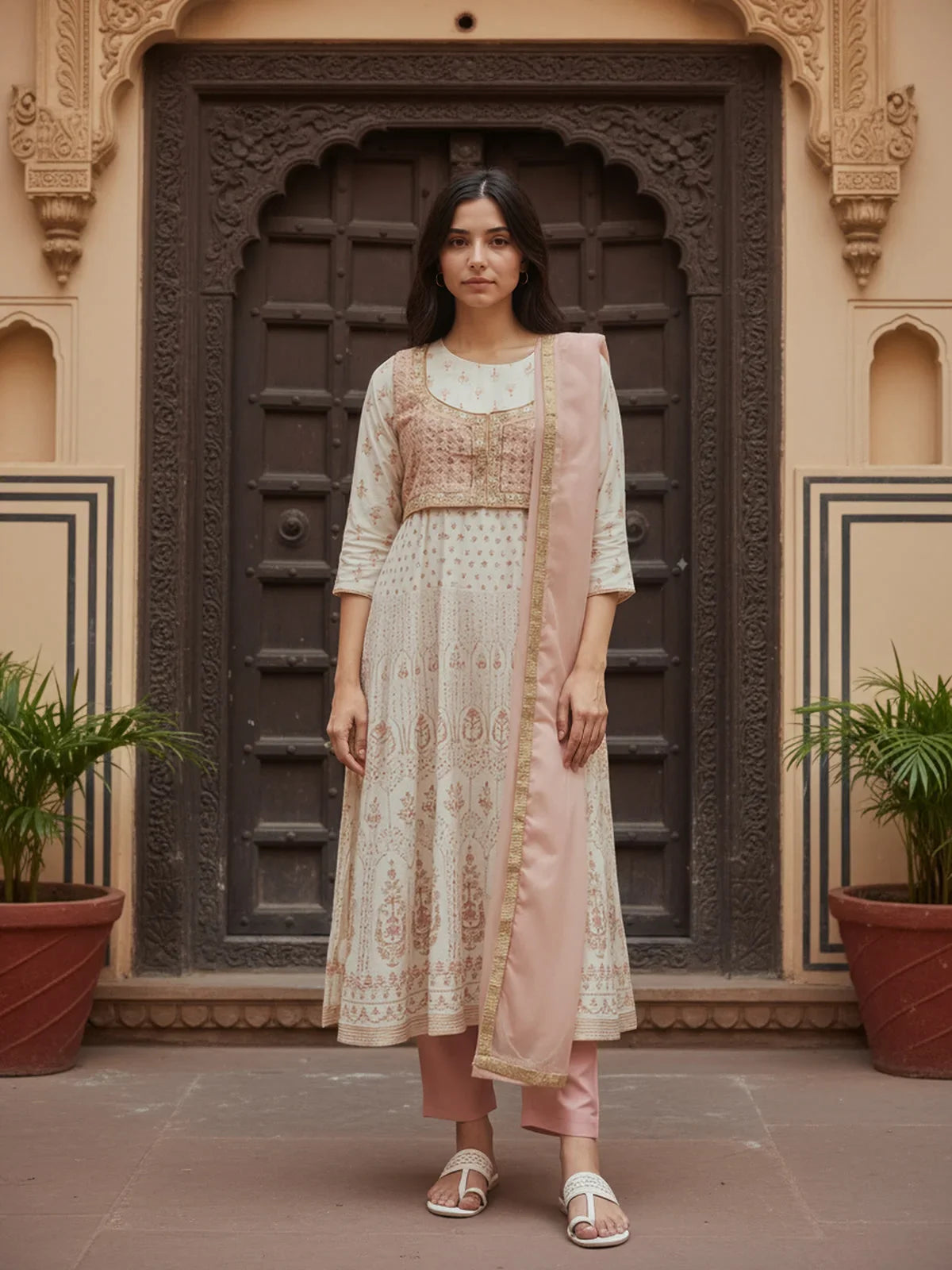 Buy Poly Viscose Embroidered Anarkali Calf Length Kurta with Pant and Dupatta-Off White
