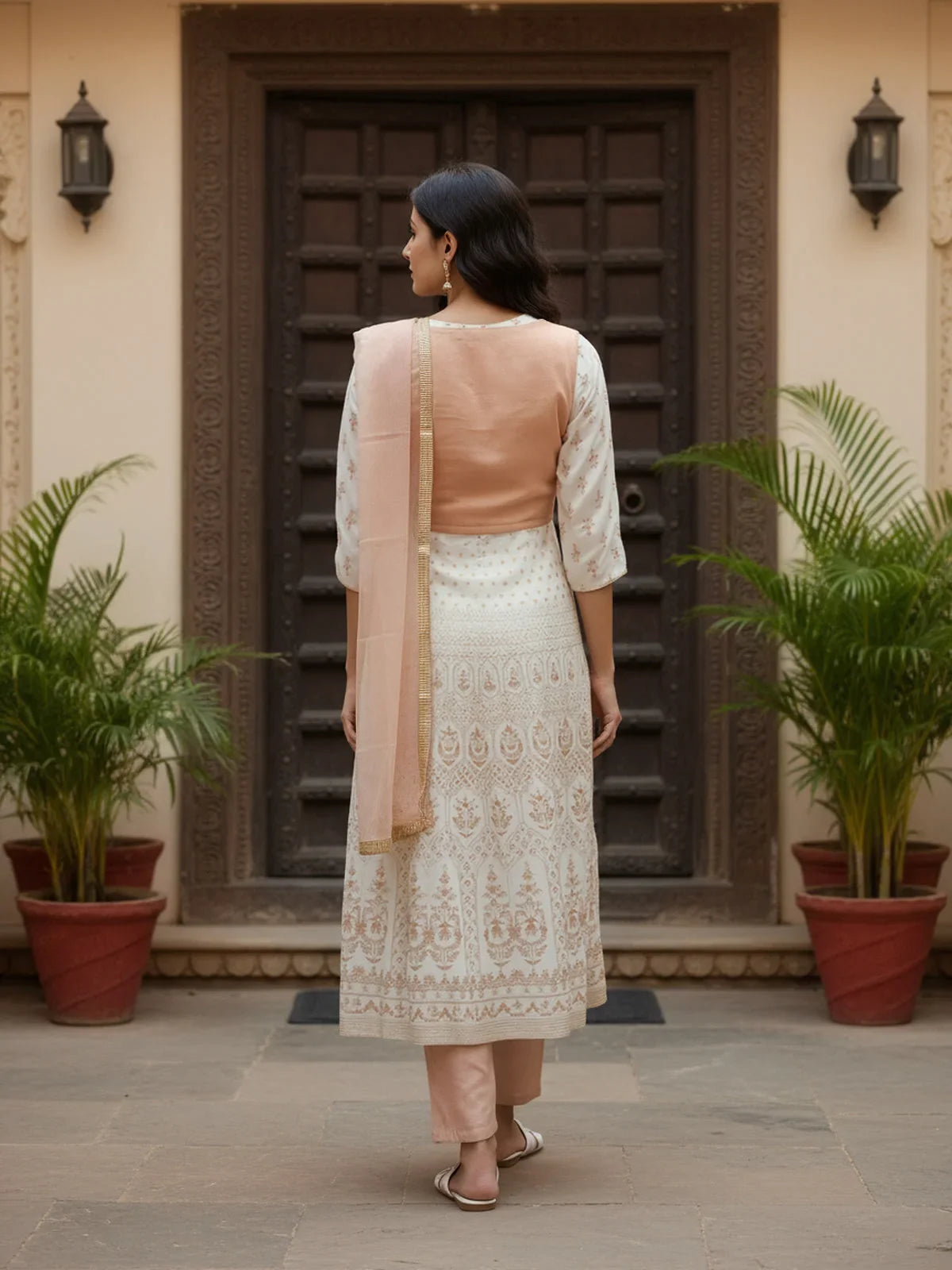 Buy Poly Viscose Embroidered Anarkali Calf Length Kurta with Pant and Dupatta-Off White