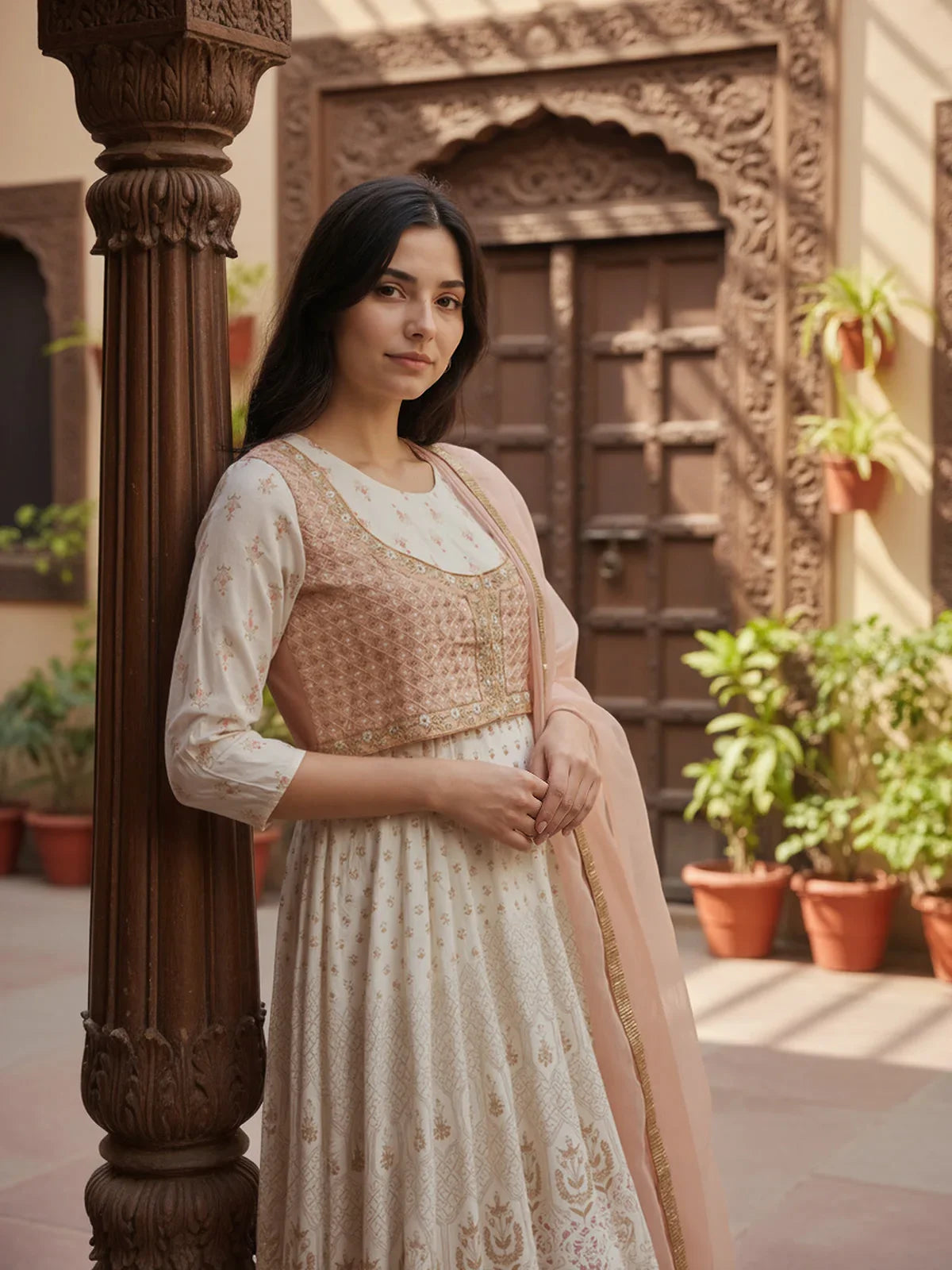 Buy Poly Viscose Embroidered Anarkali Calf Length Kurta with Pant and Dupatta-Off White