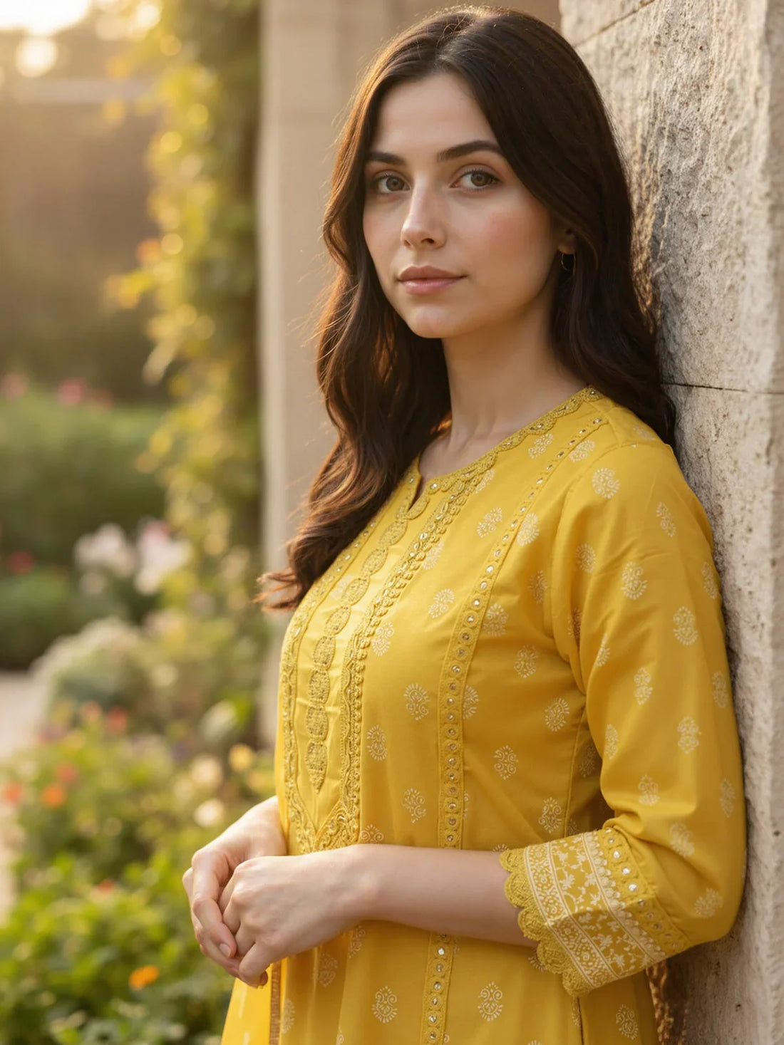 Buy Chanderi Embroidered Straight Calf Length Kurta with Pant and Dupatta-Mustard