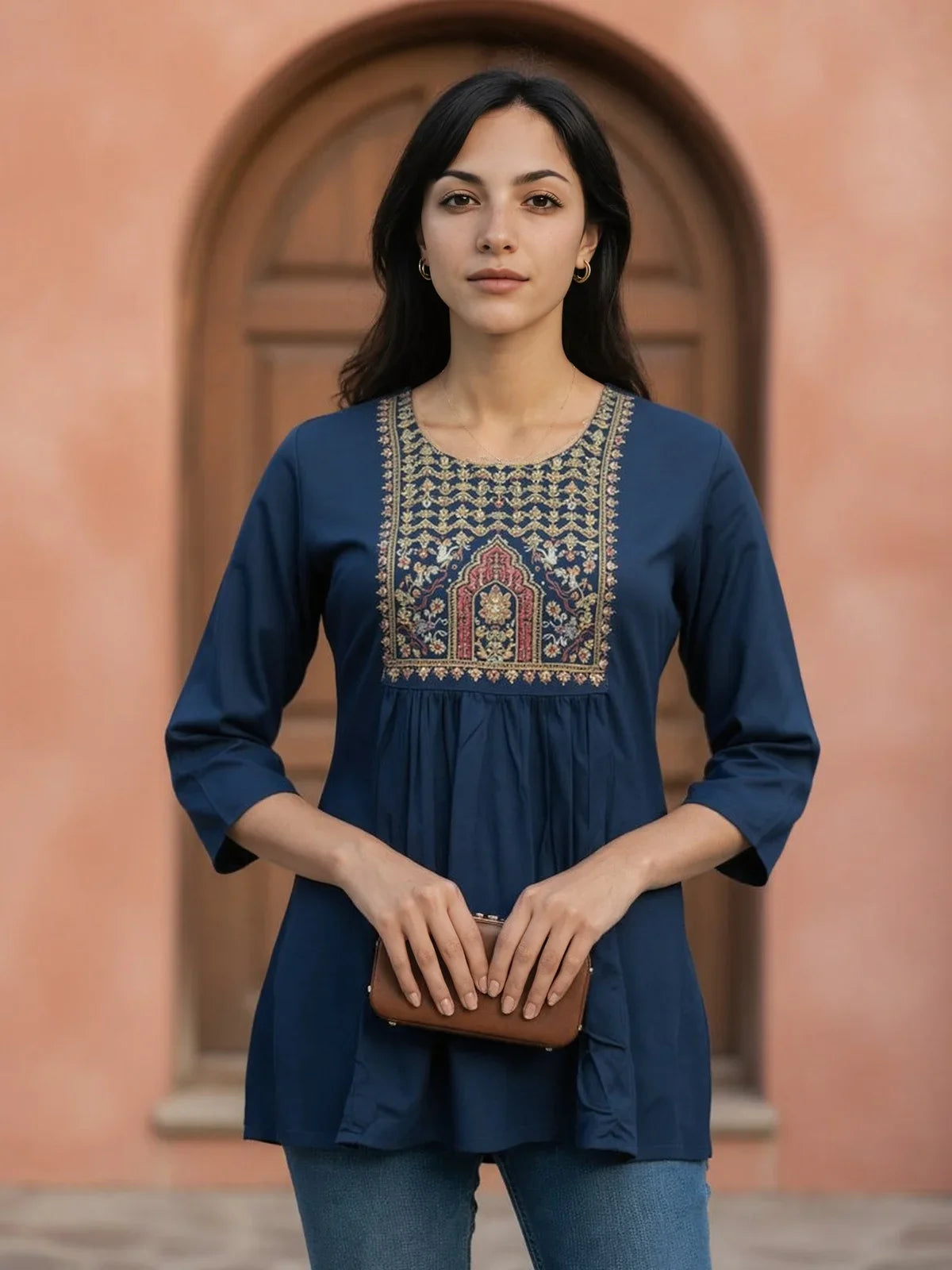 Buy Rayon Embroidered A-Line Short Length Short Kurti-Teal