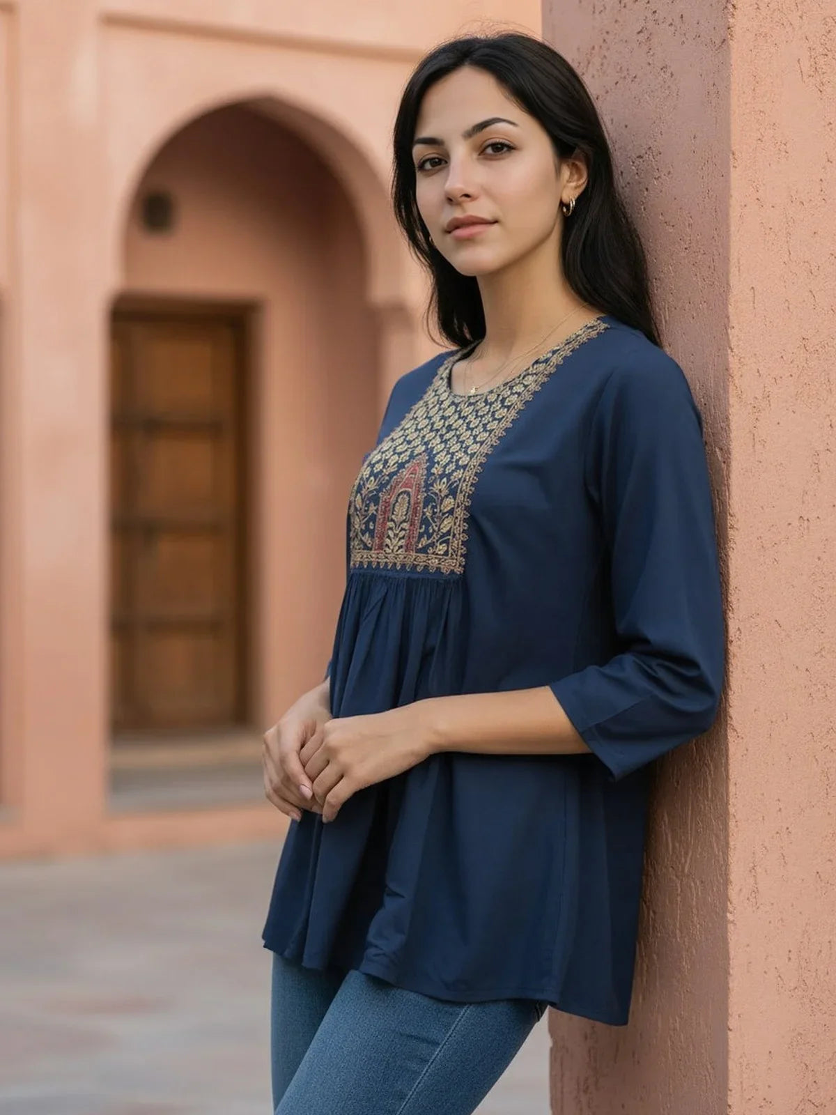 Buy Rayon Embroidered A-Line Short Length Short Kurti-Teal