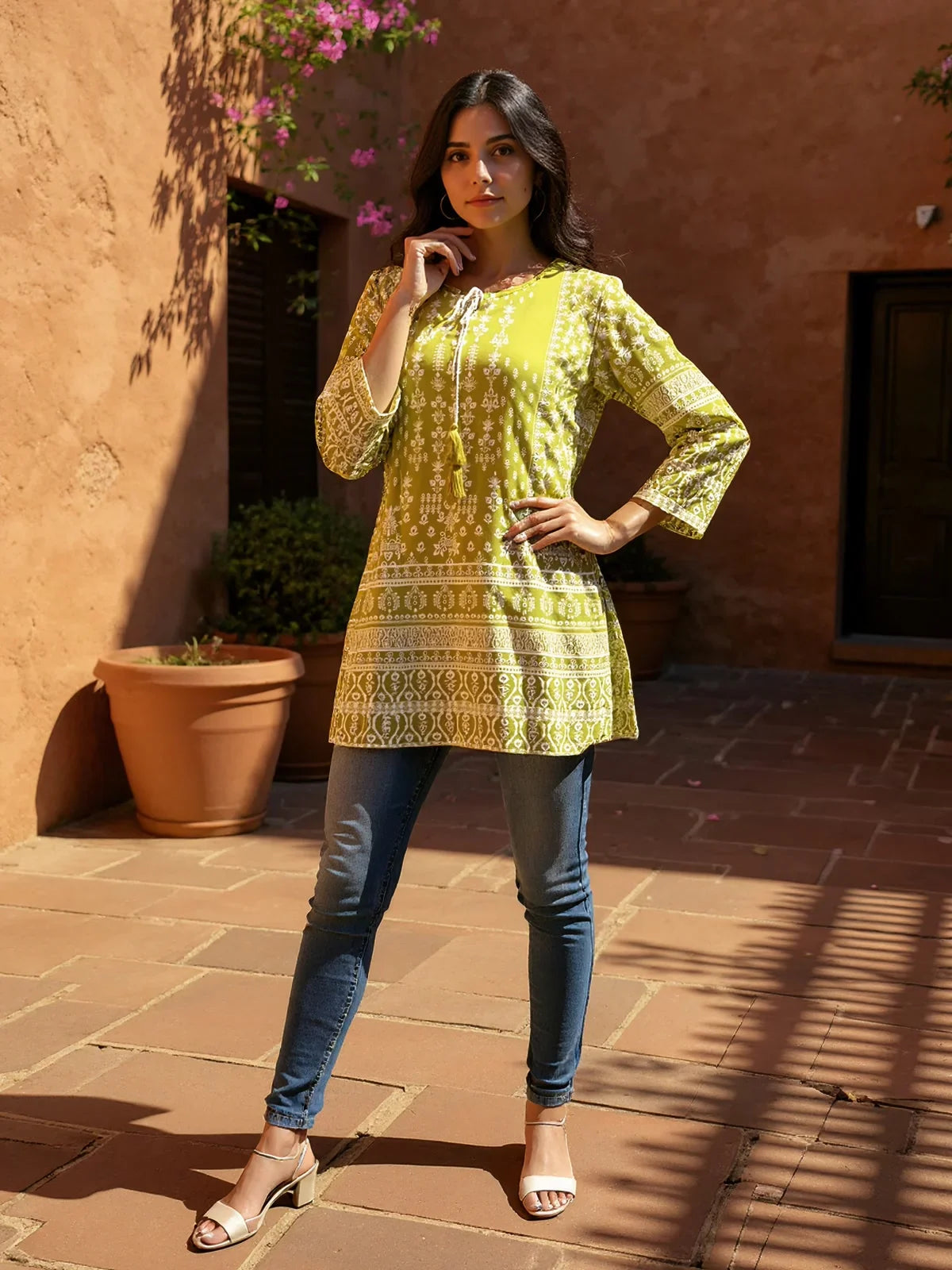 Buy Rayon Printed Straight Short Length Short Kurta-Green