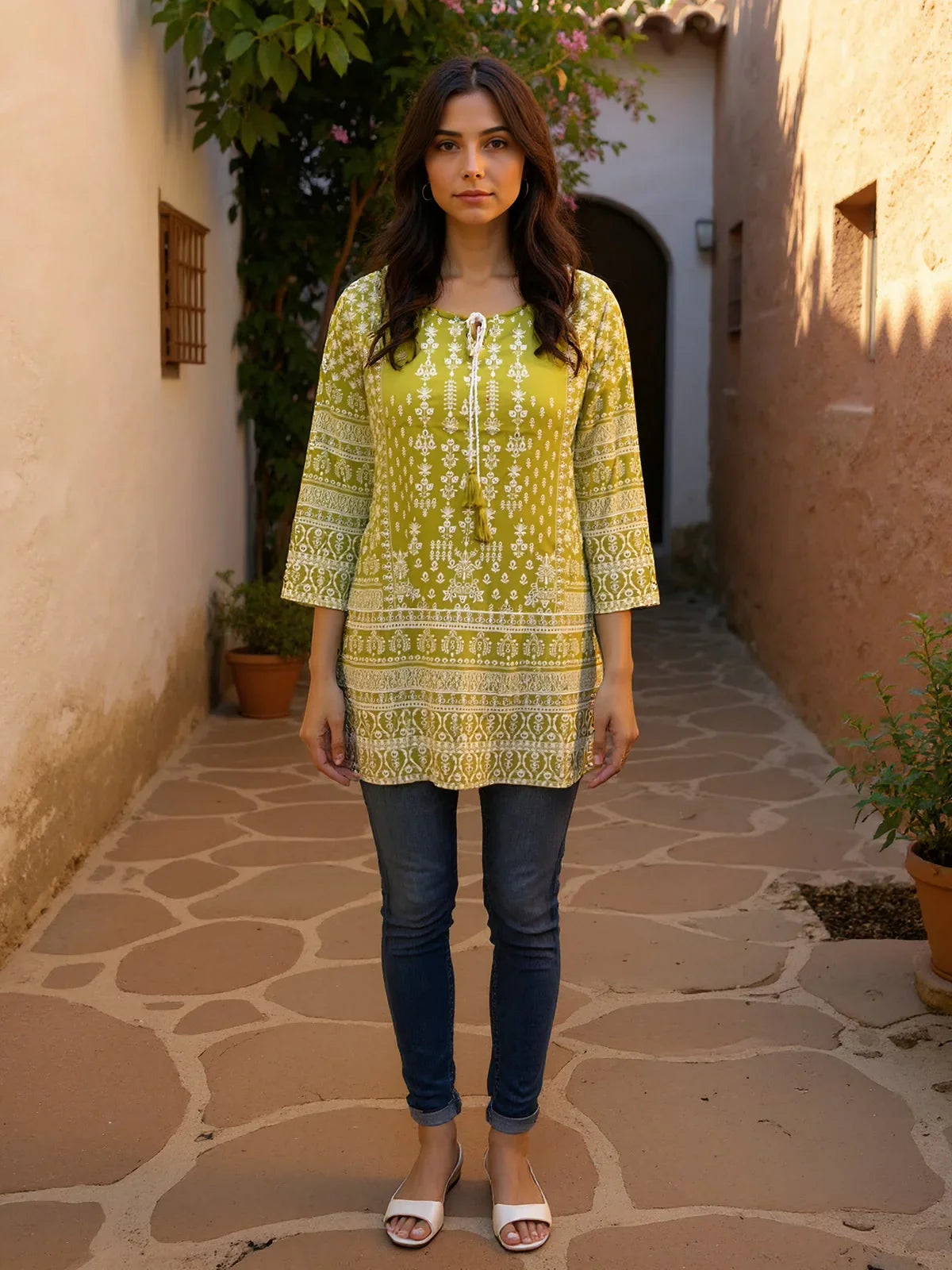 Buy Rayon Printed Straight Short Length Short Kurta-Green