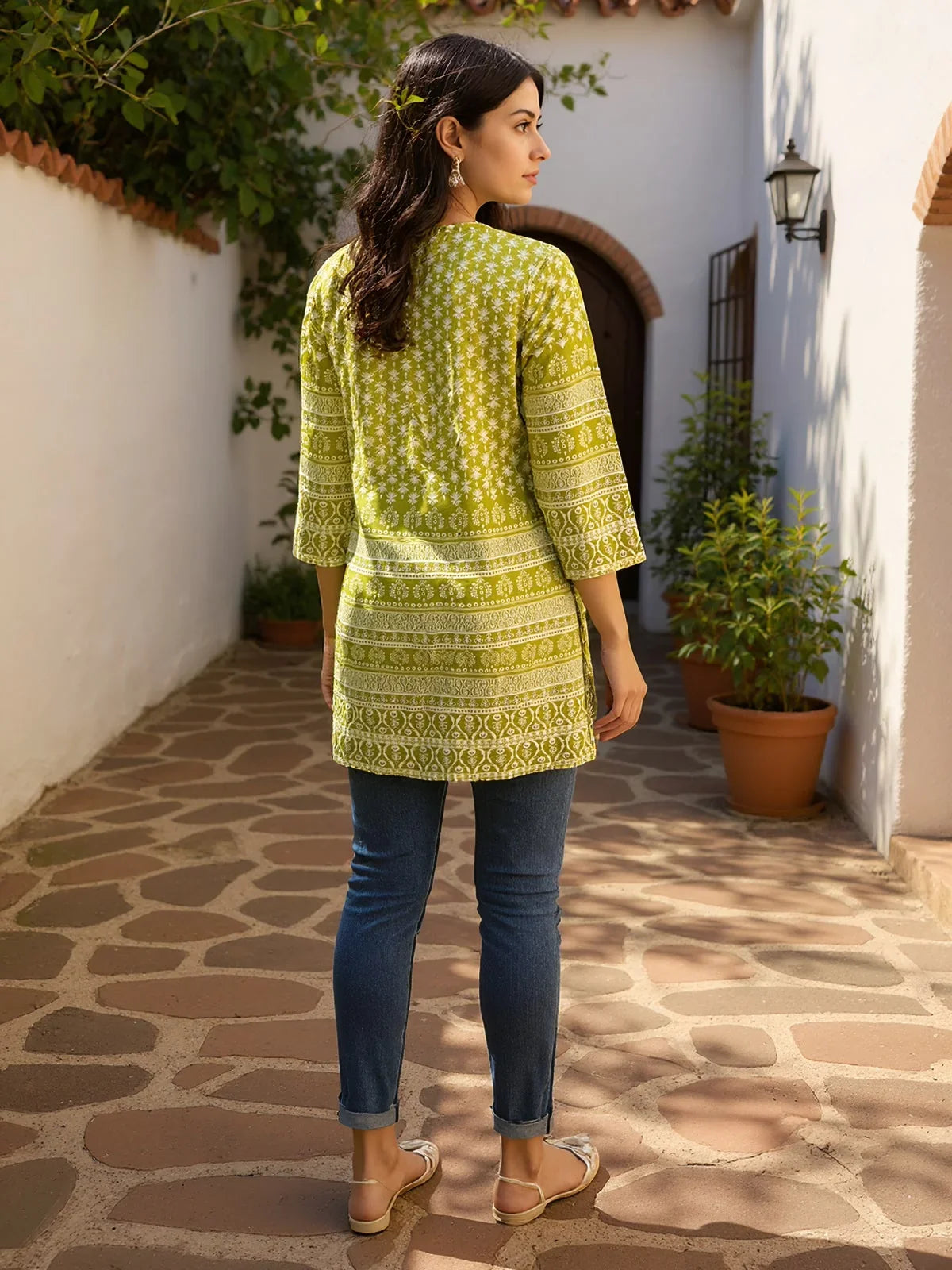 Buy Rayon Printed Straight Short Length Short Kurta-Green