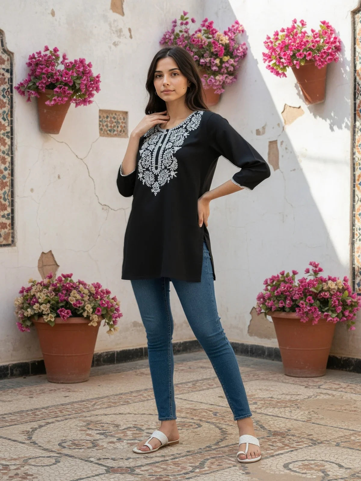 Buy Rayon Embroidered Straight Short Length Short Kurta-Black
