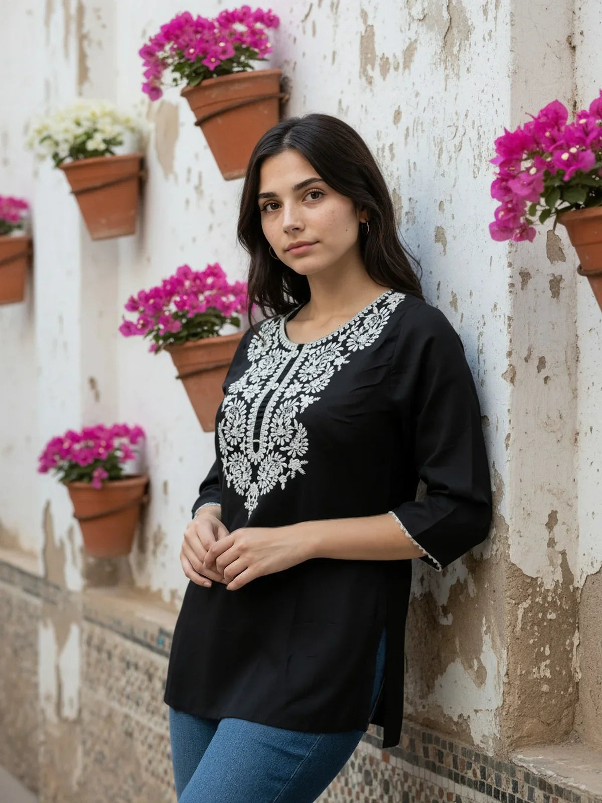 Buy Rayon Embroidered Straight Short Length Short Kurta-Black