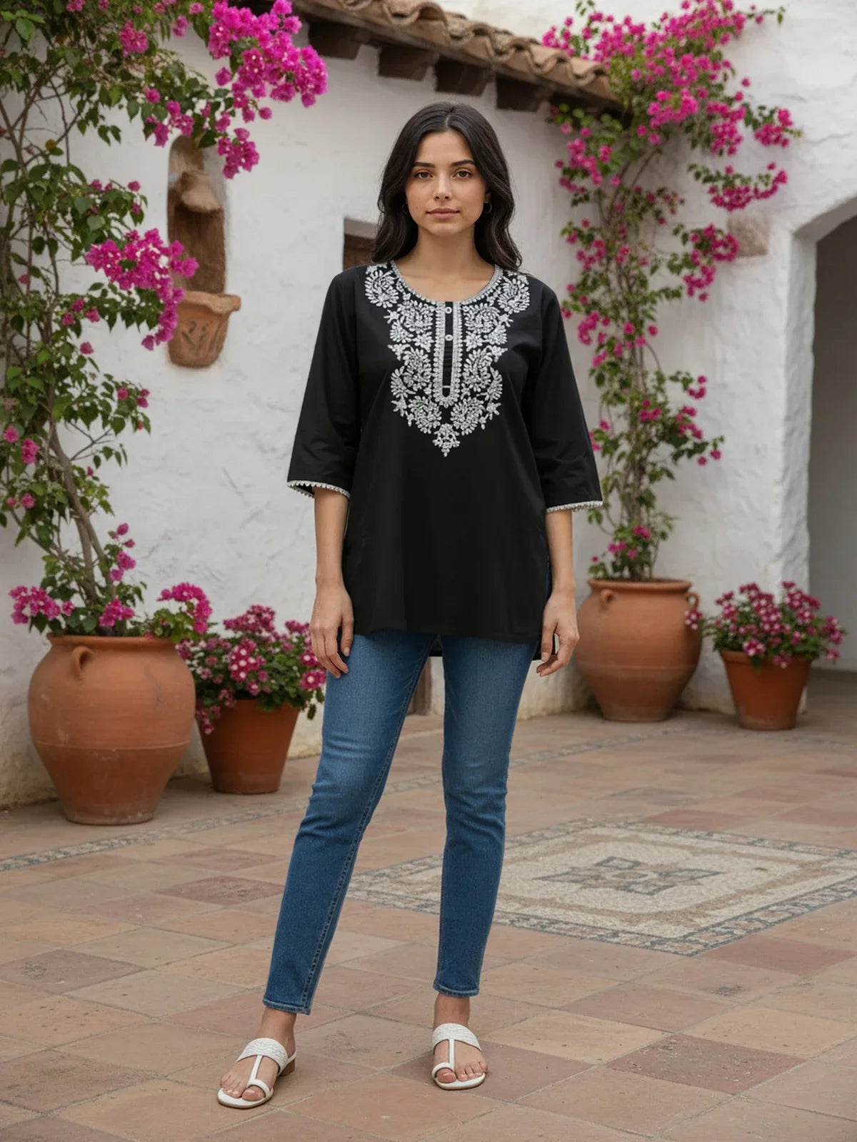 Buy Rayon Embroidered Straight Short Length Short Kurta-Black