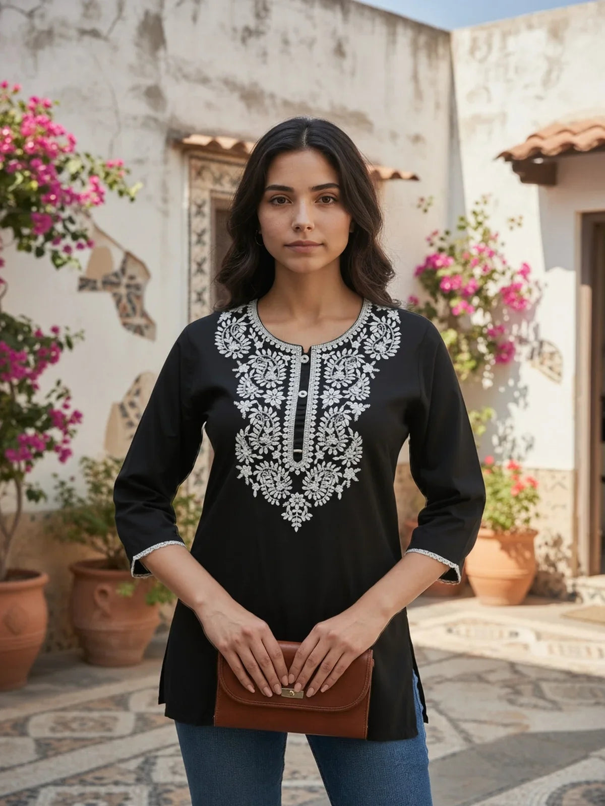Buy Rayon Embroidered Straight Short Length Short Kurta-Black