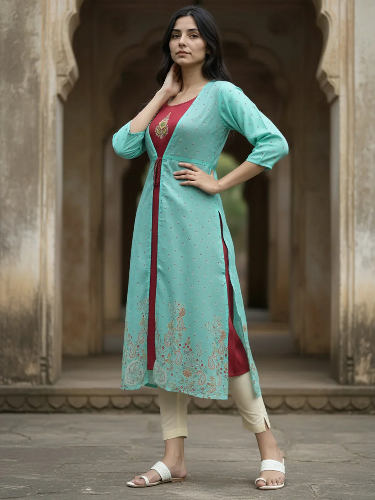 Buy Chanderi Embroidered Layered Calf Length Kurta with Jacket-Light Blue