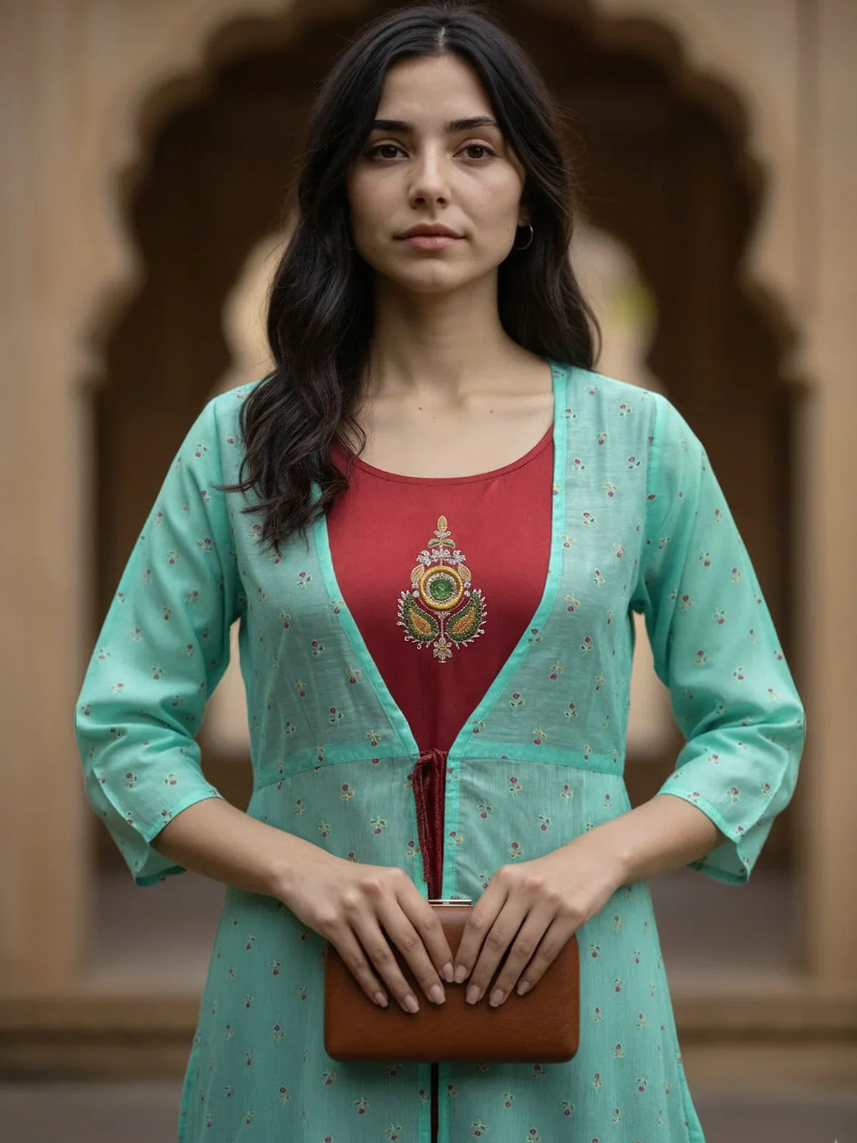 Buy Chanderi Embroidered Layered Calf Length Kurta with Jacket-Light Blue