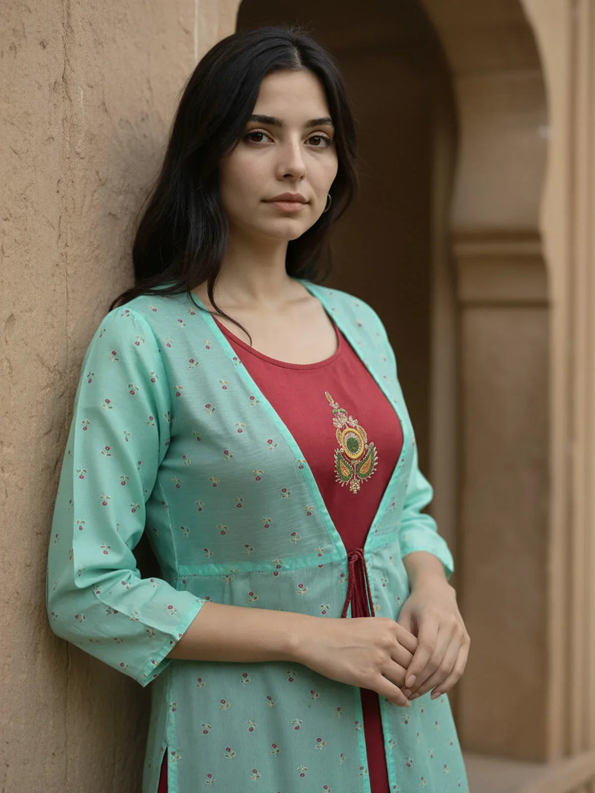 Buy Chanderi Embroidered Layered Calf Length Kurta with Jacket-Light Blue