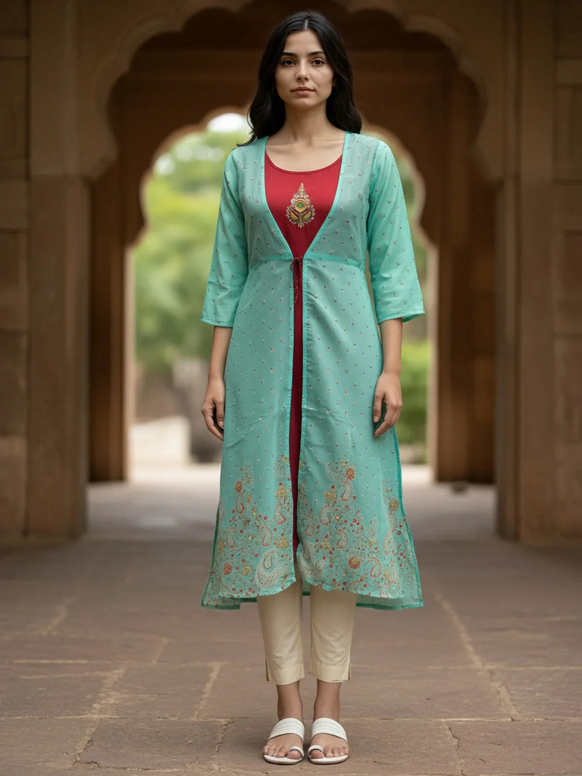 Buy Chanderi Embroidered Layered Calf Length Kurta with Jacket-Light Blue