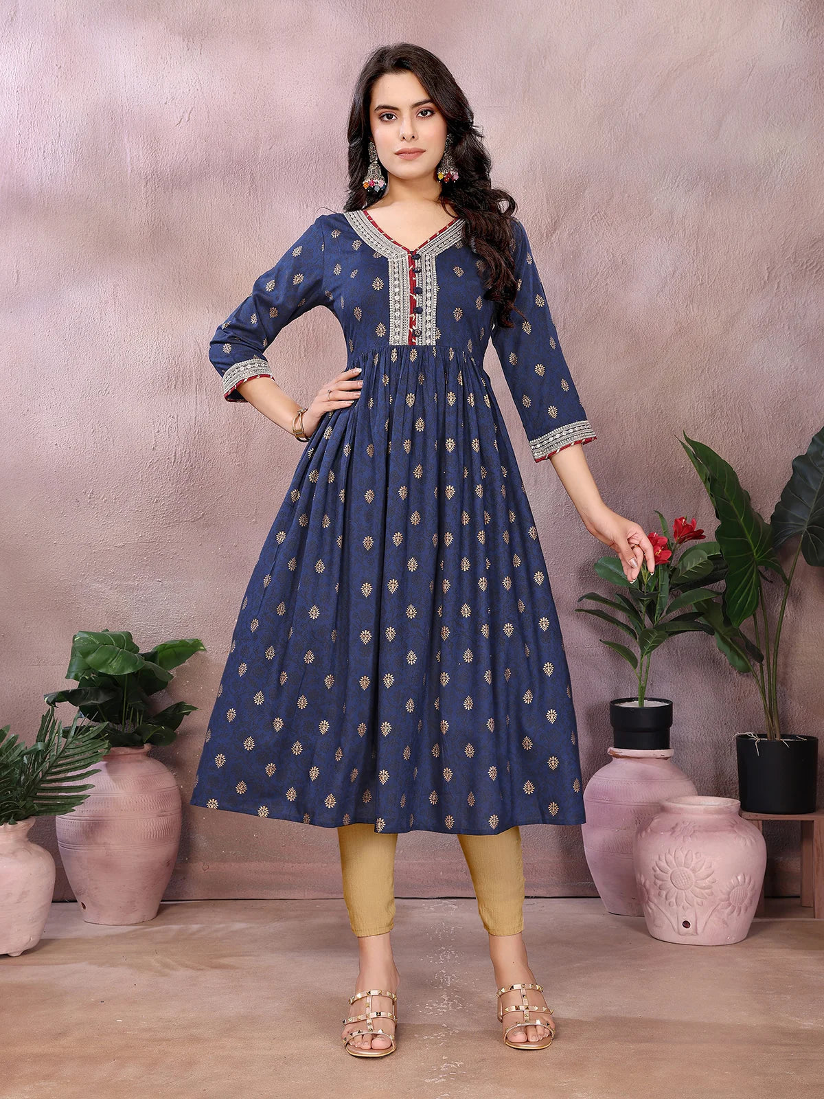 Buy Rayon Printed Flared Calf Length Kurta-Navy Blue