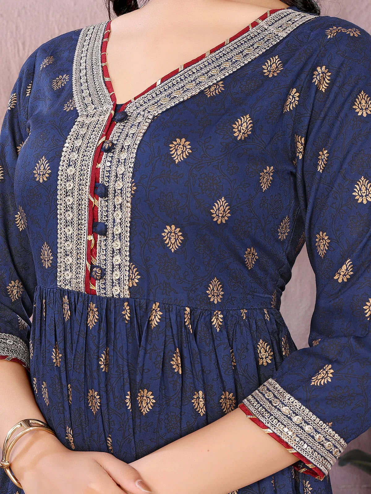 Buy Rayon Printed Flared Calf Length Kurta-Navy Blue