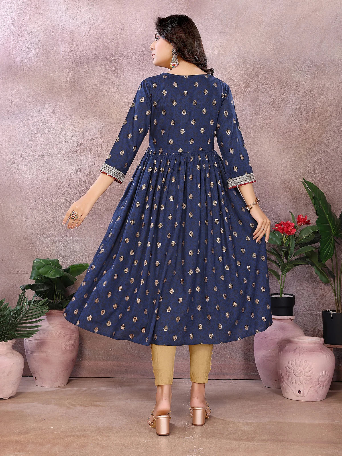 Buy Rayon Printed Flared Calf Length Kurta-Navy Blue