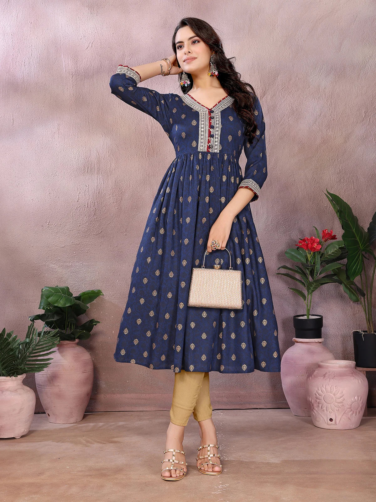 Buy Rayon Printed Flared Calf Length Kurta-Navy Blue
