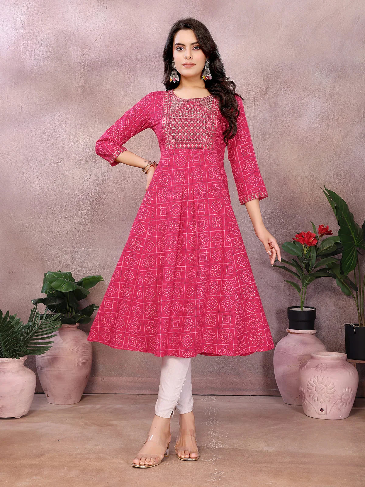 Buy Rayon Printed Flared Calf Length Kurta-Pink