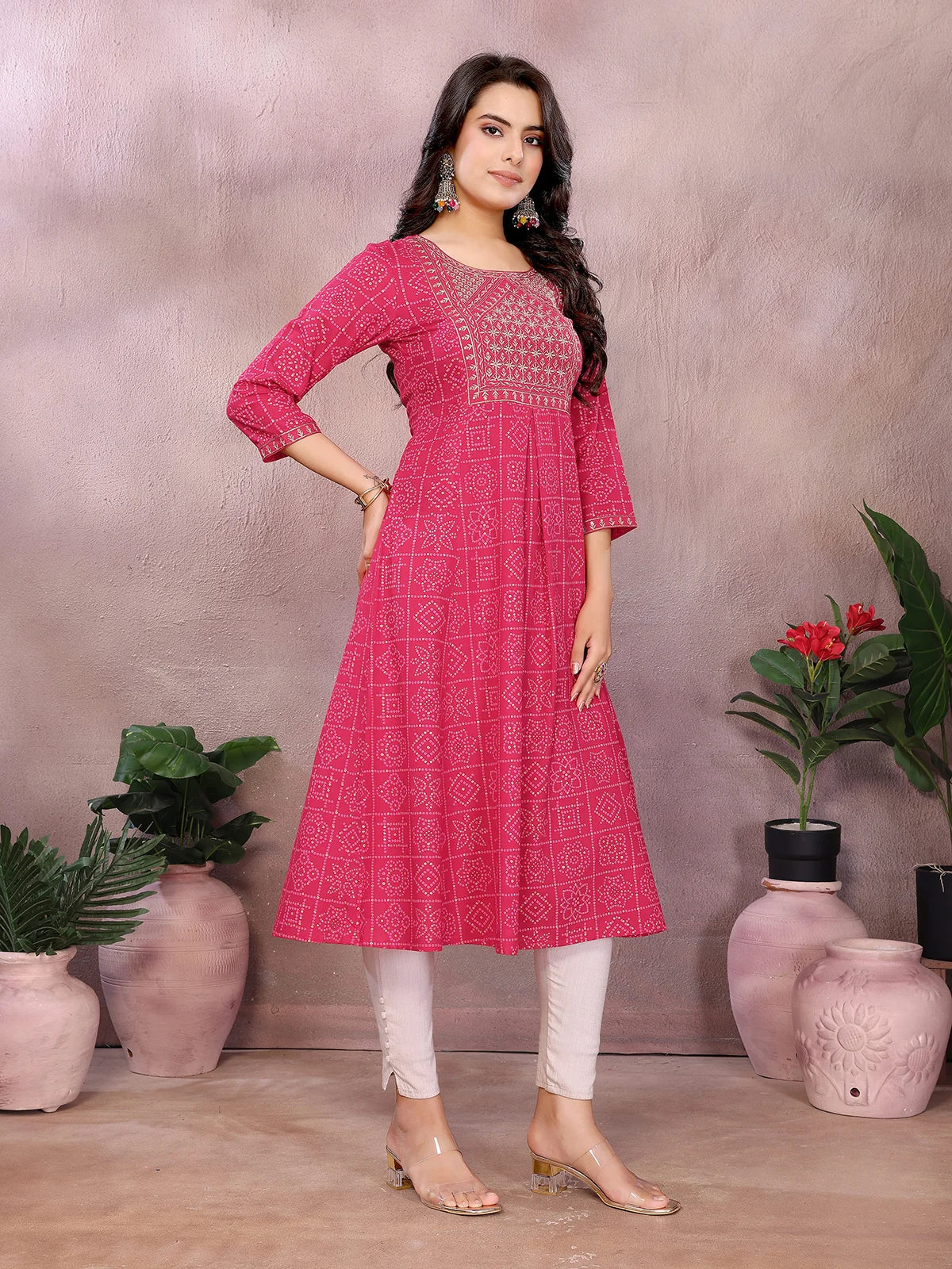 Buy Rayon Printed Flared Calf Length Kurta-Pink