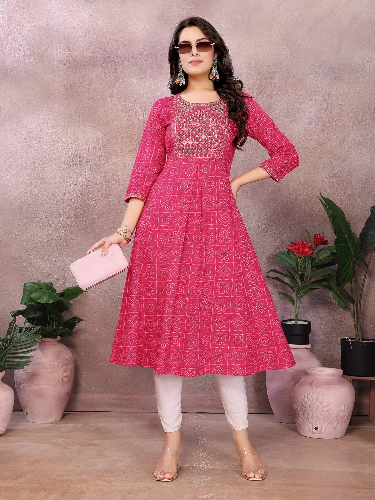Buy Rayon Printed Flared Calf Length Kurta-Pink