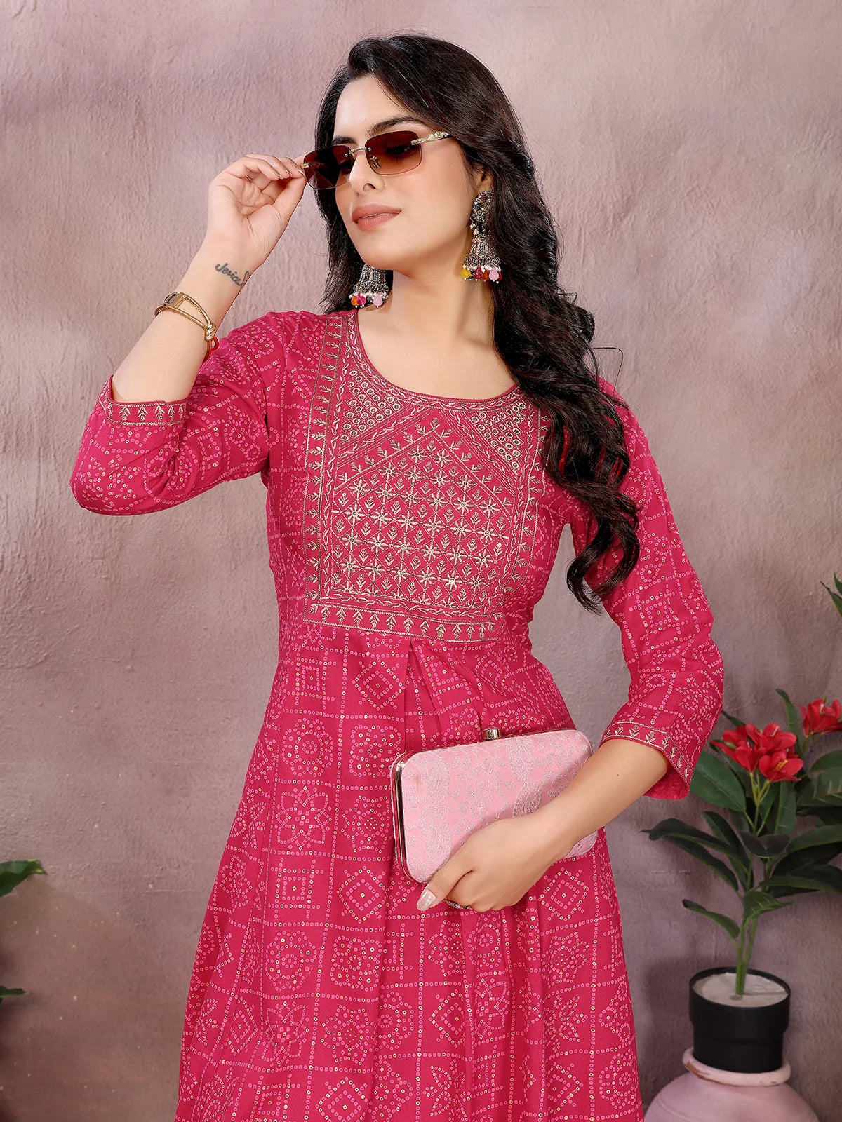 Buy Rayon Printed Flared Calf Length Kurta-Pink