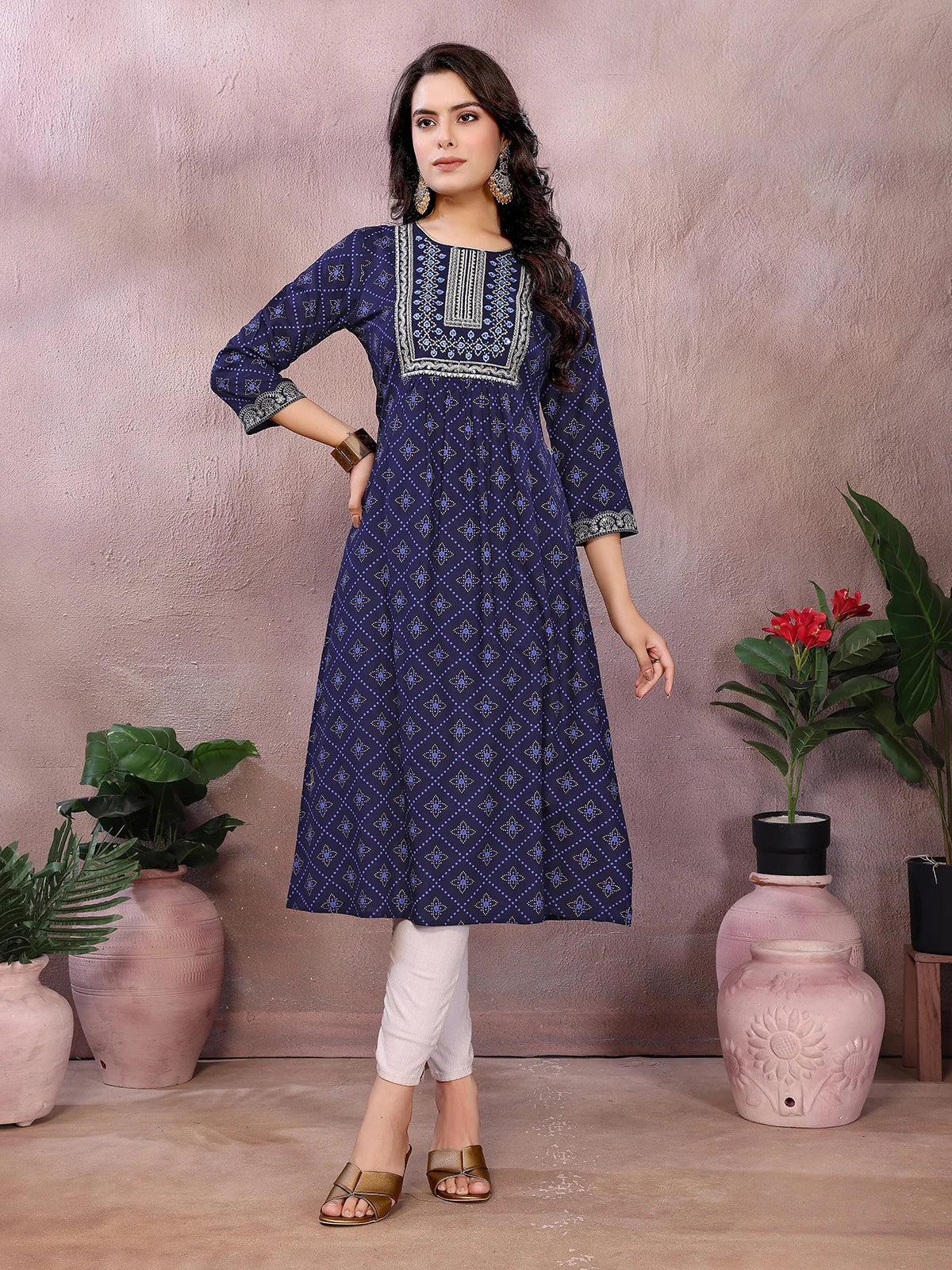 Buy Rayon Printed Flared Calf Length Kurta-Blue