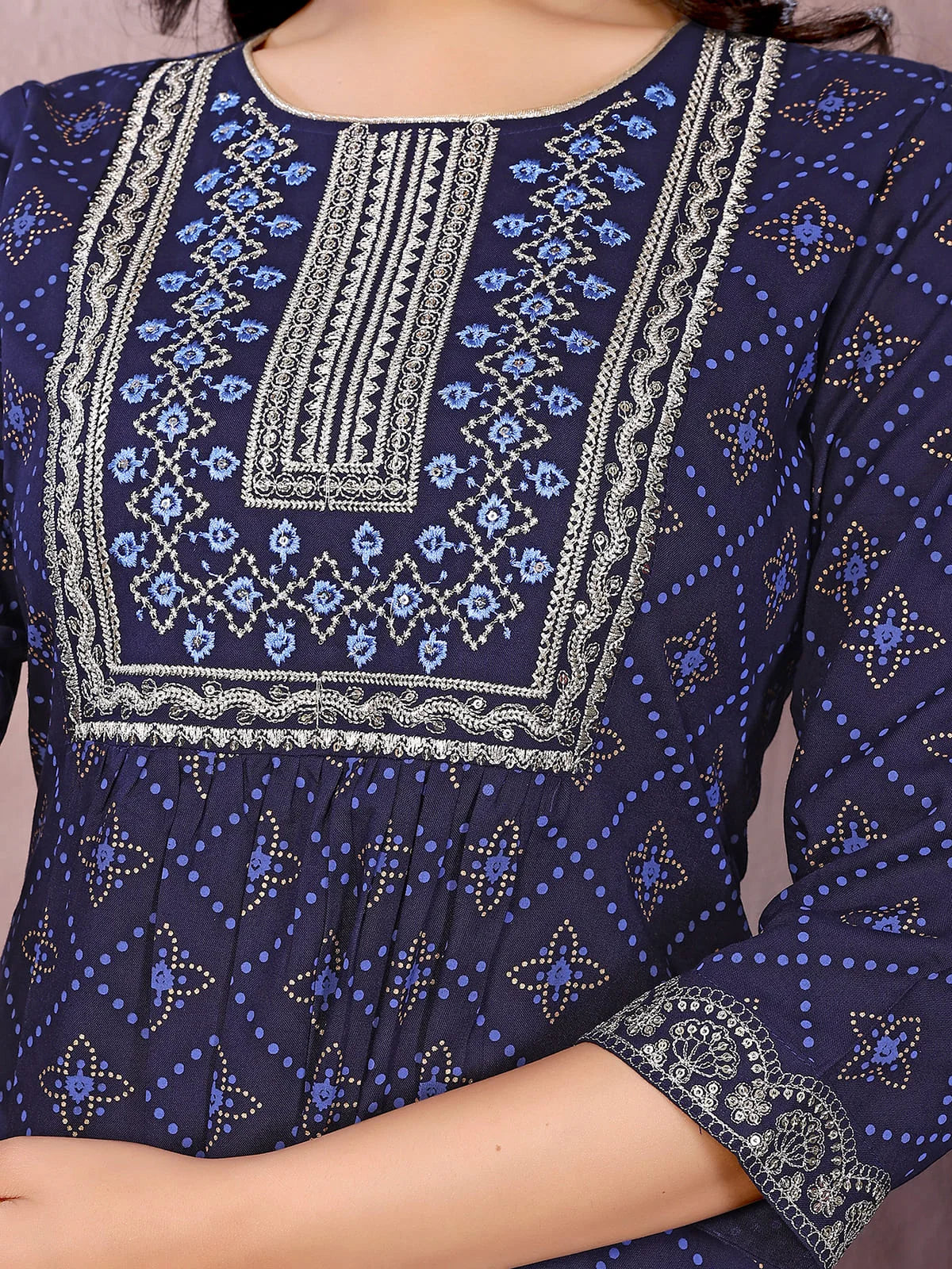 Buy Rayon Printed Flared Calf Length Kurta-Blue