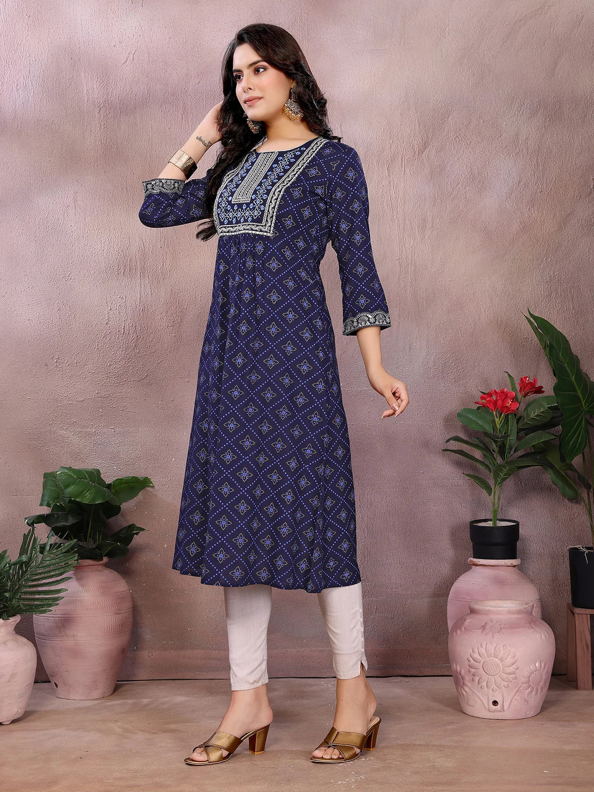 Buy Rayon Printed Flared Calf Length Kurta-Blue