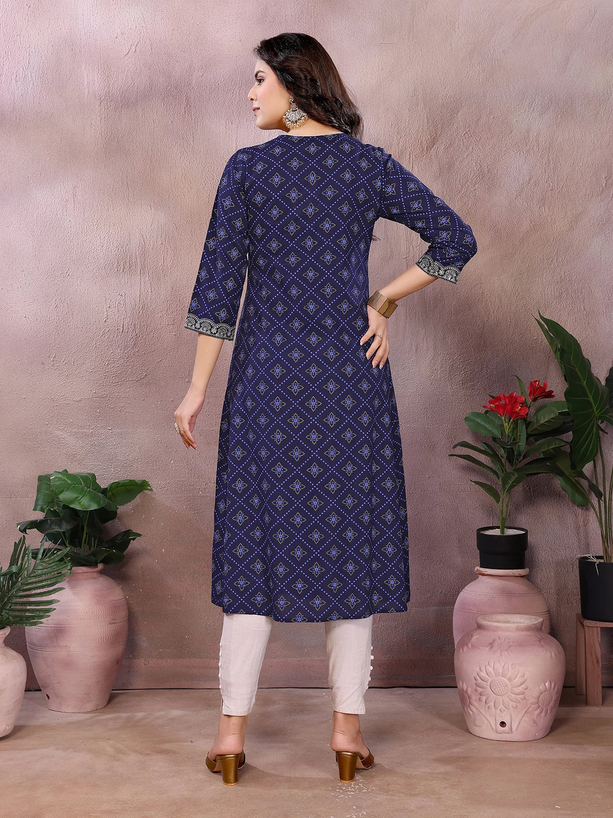 Buy Rayon Printed Flared Calf Length Kurta-Blue