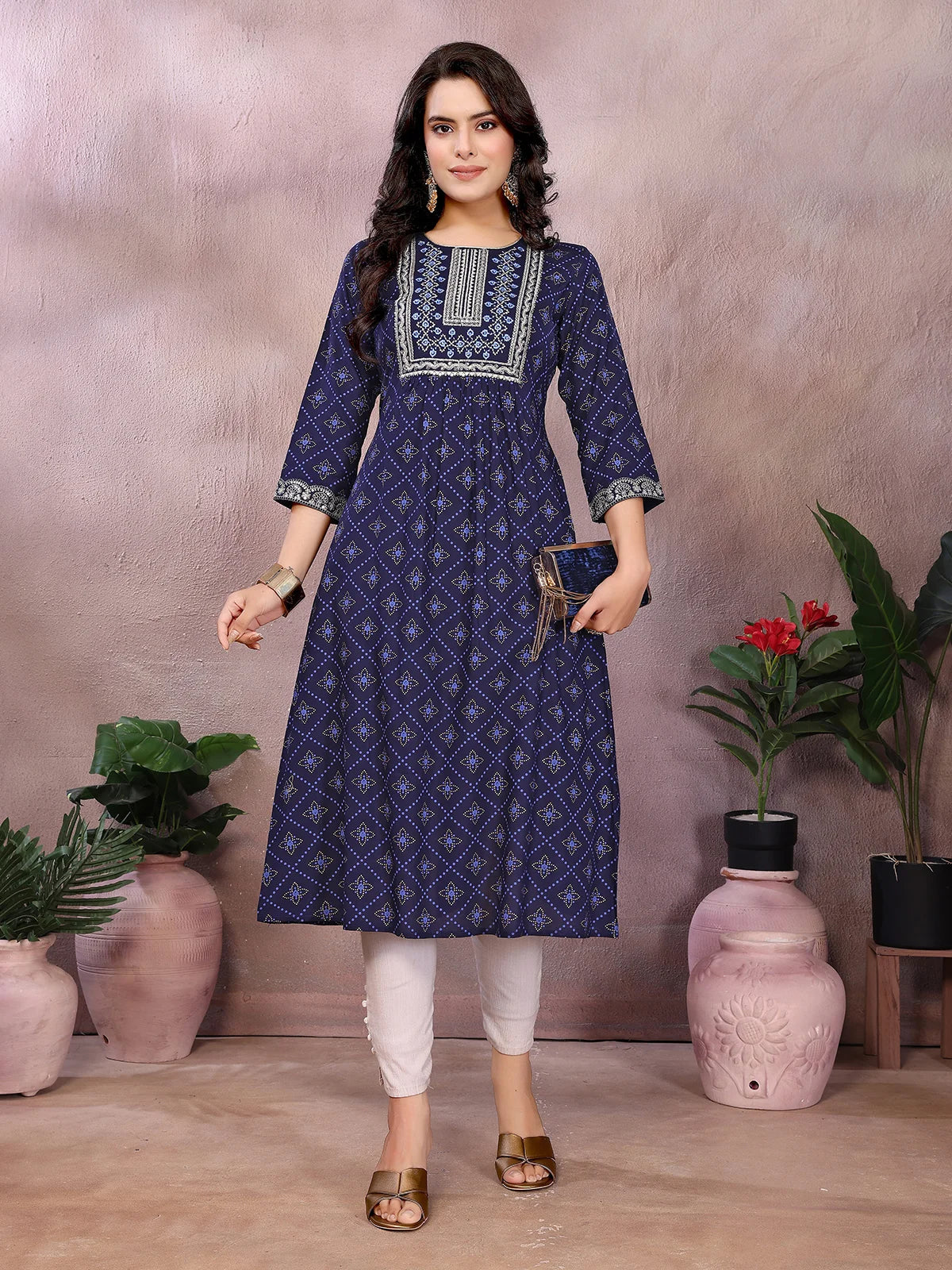 Buy Rayon Printed Flared Calf Length Kurta-Blue