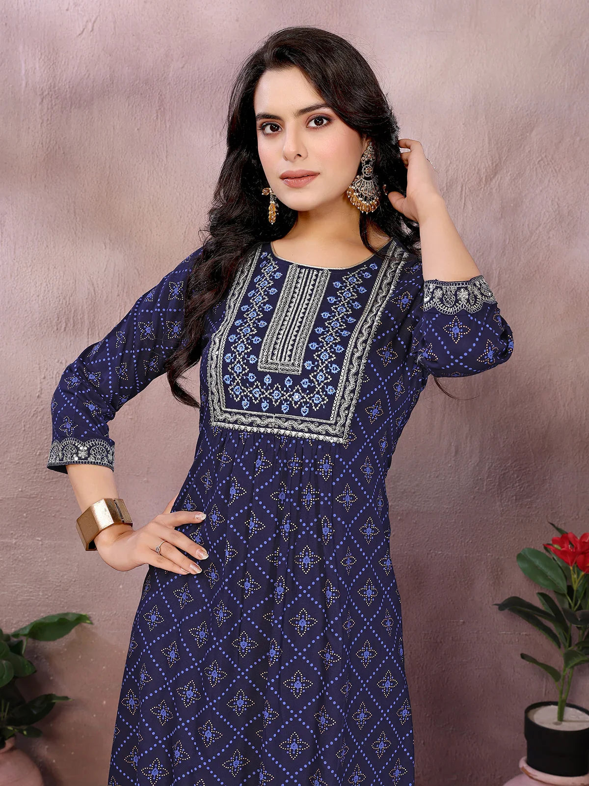 Buy Rayon Printed Flared Calf Length Kurta-Blue