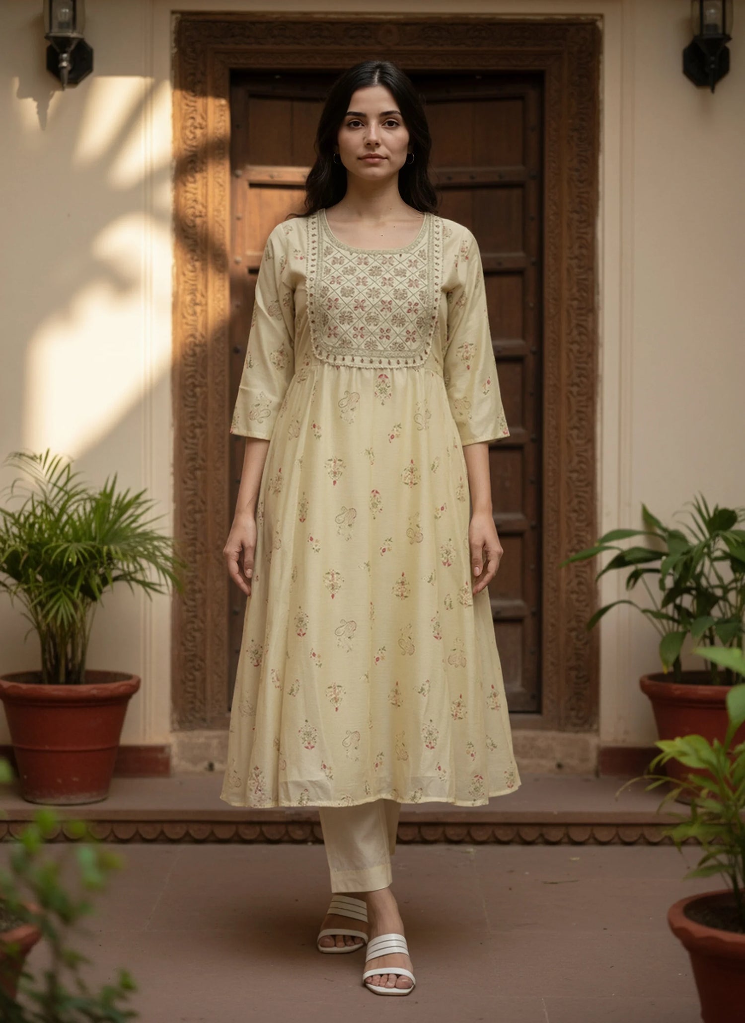 Buy Chanderi Embroidered Anarkali Calf Length Kurta-Yellow