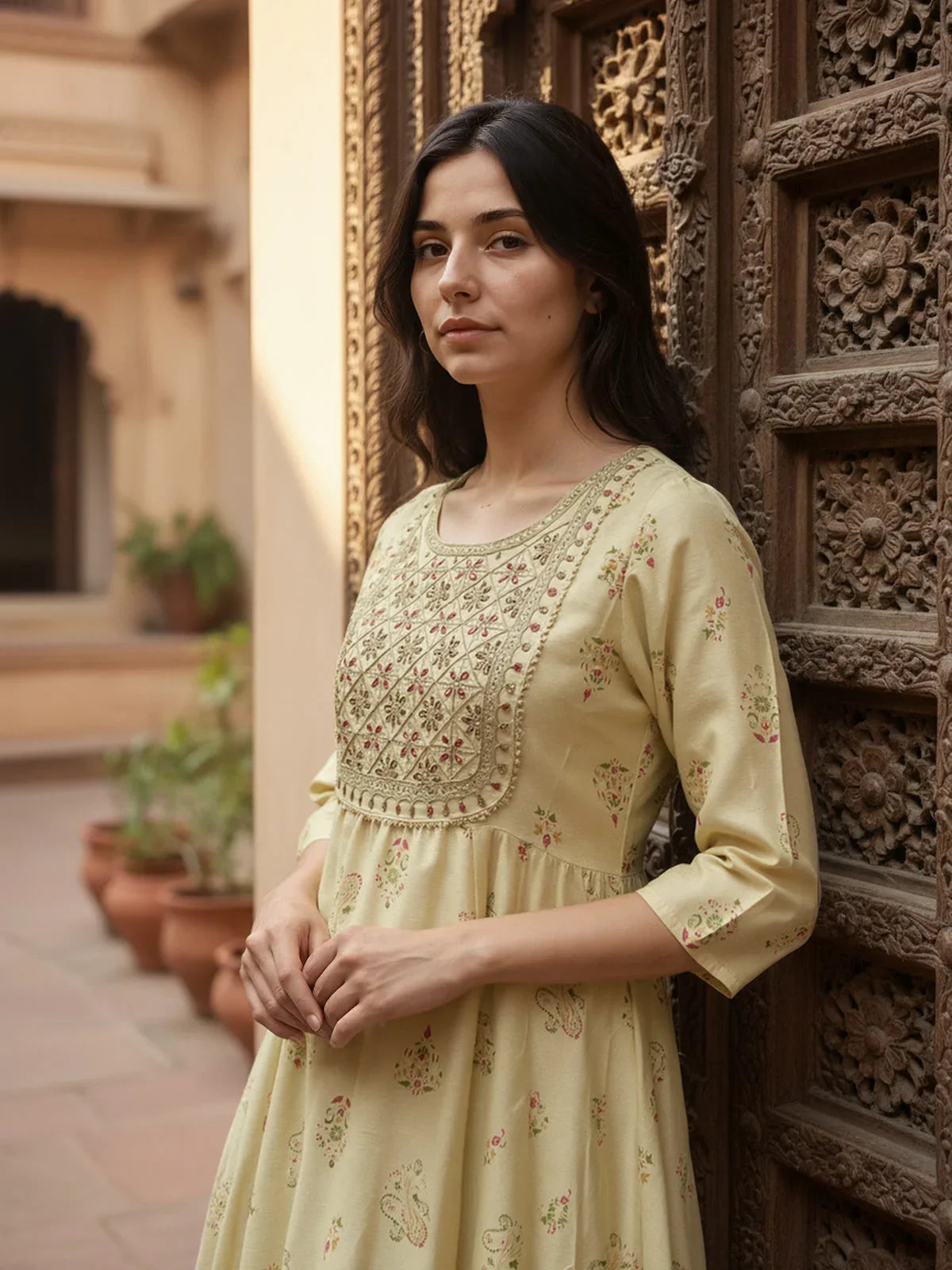 Buy Chanderi Embroidered Anarkali Calf Length Kurta-Yellow