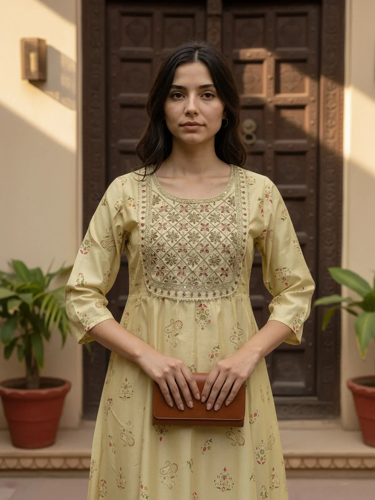 Buy Chanderi Embroidered Anarkali Calf Length Kurta-Yellow