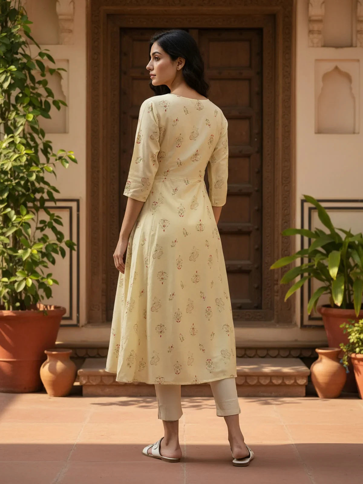 Buy Chanderi Embroidered Anarkali Calf Length Kurta-Yellow