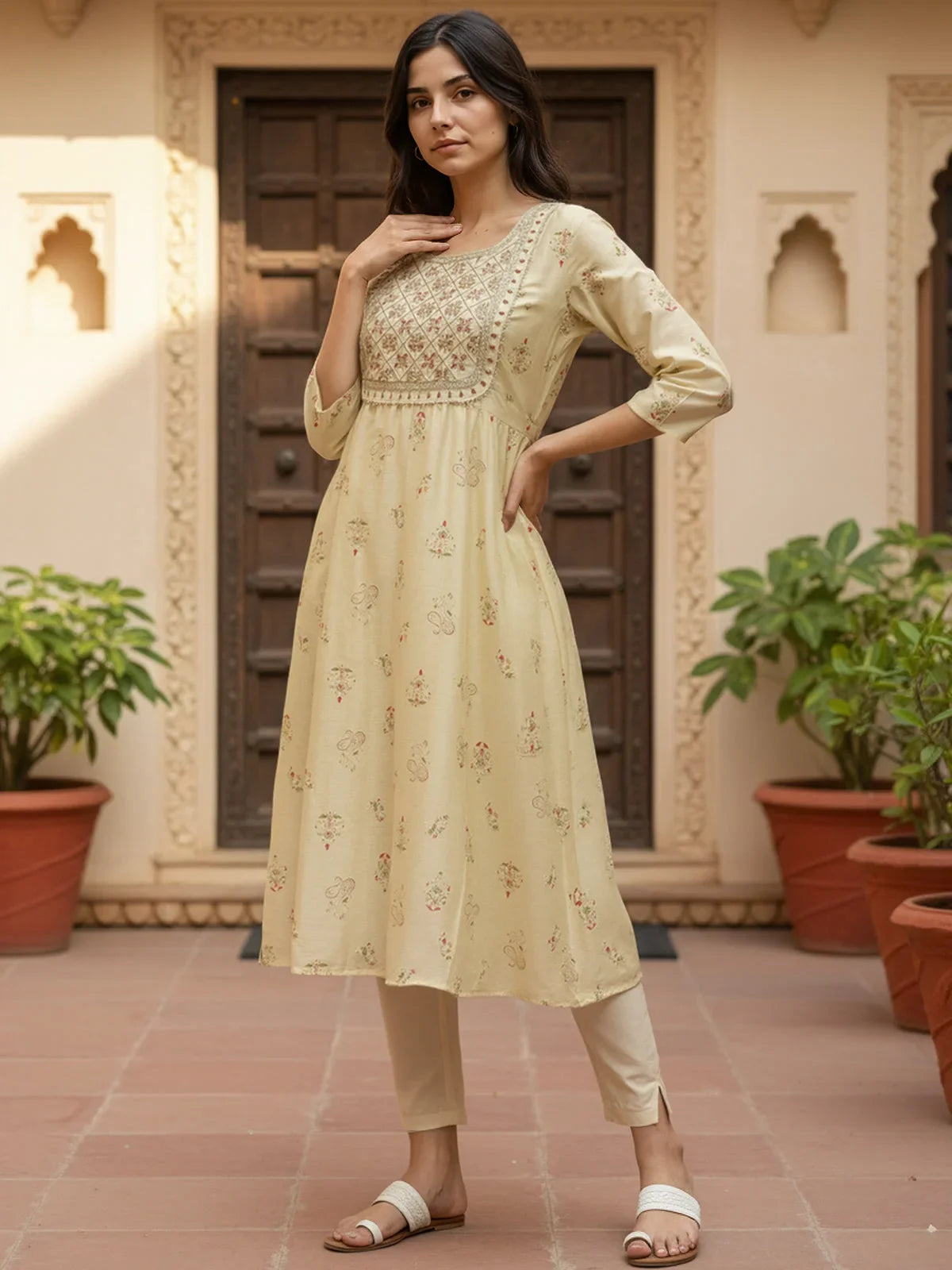 Buy Chanderi Embroidered Anarkali Calf Length Kurta-Yellow