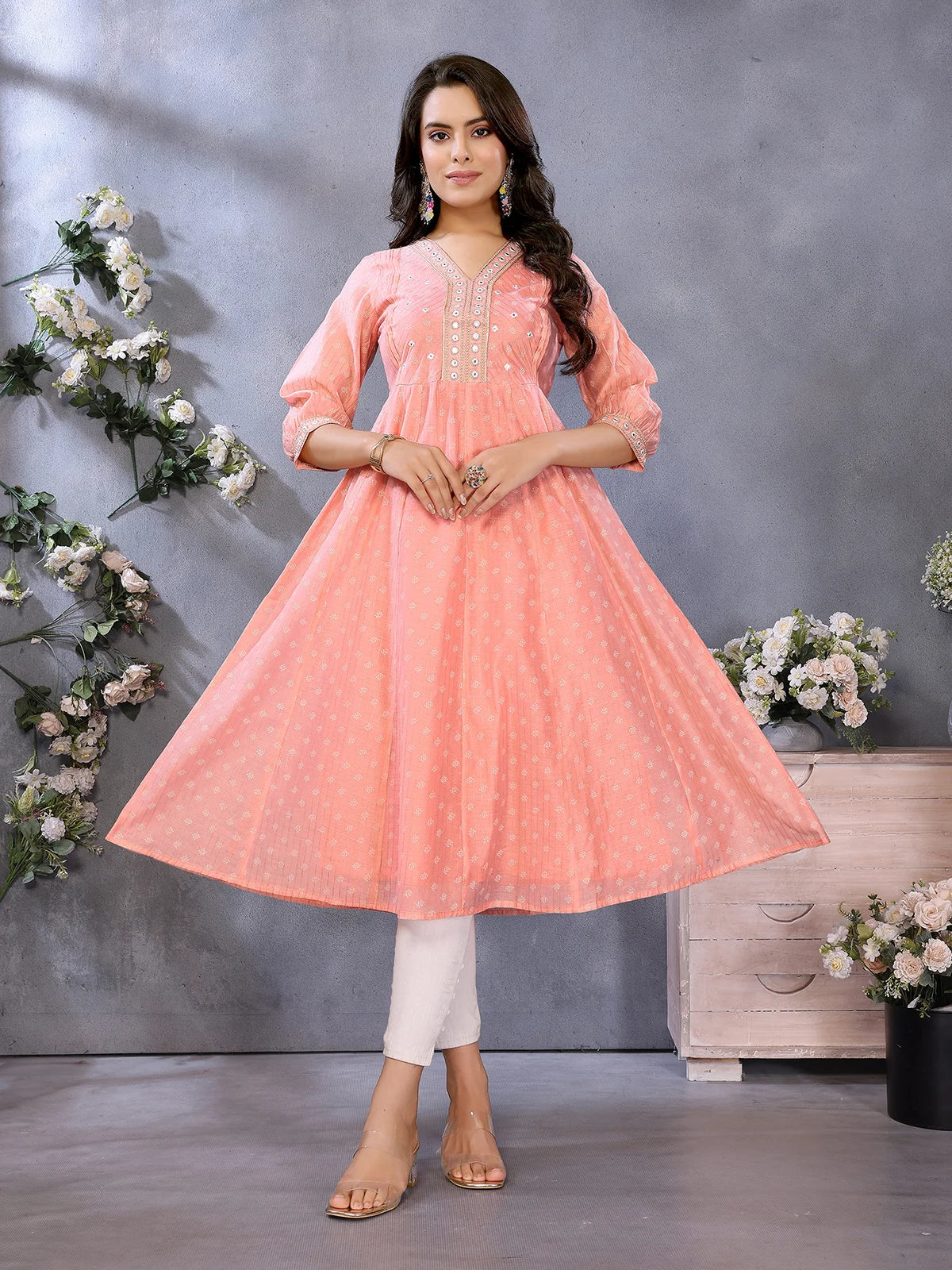 Buy Chanderi Printed Flared Calf Length Kurta-Peach
