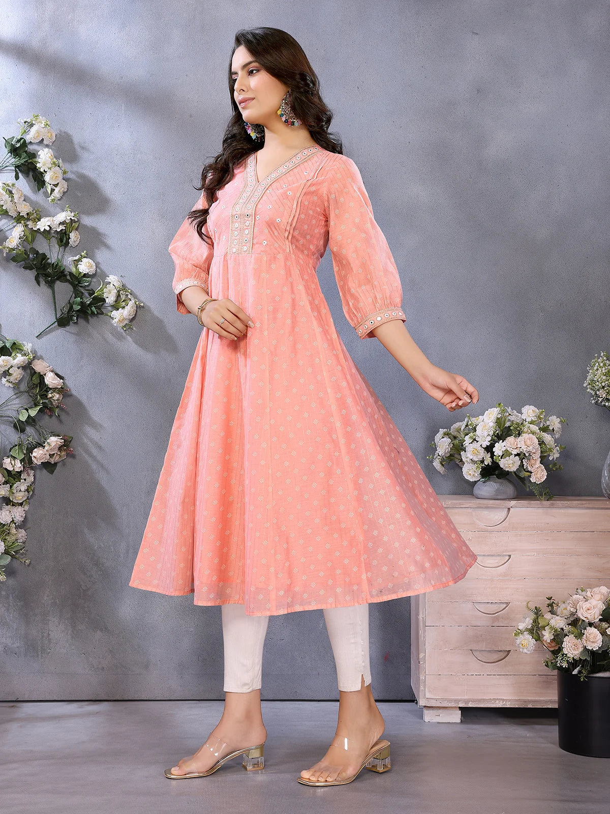 Buy Chanderi Printed Flared Calf Length Kurta-Peach