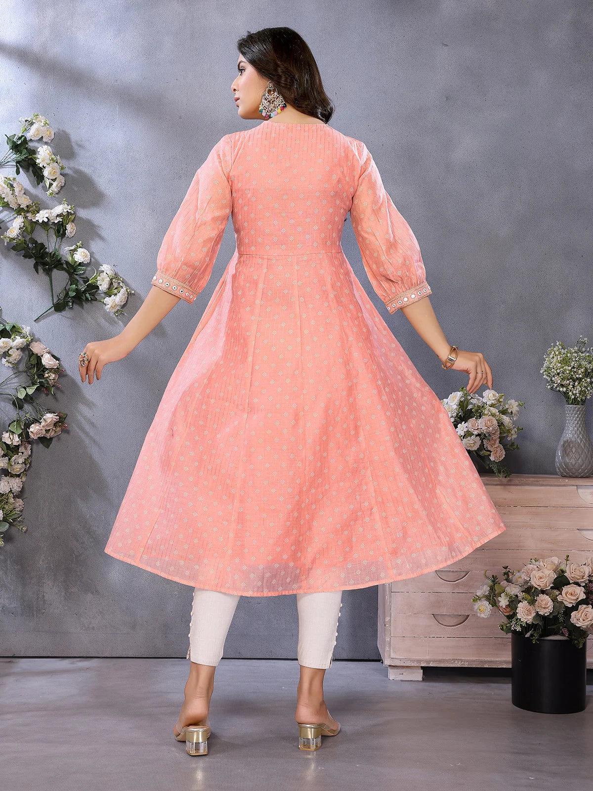 Buy Chanderi Printed Flared Calf Length Kurta-Peach