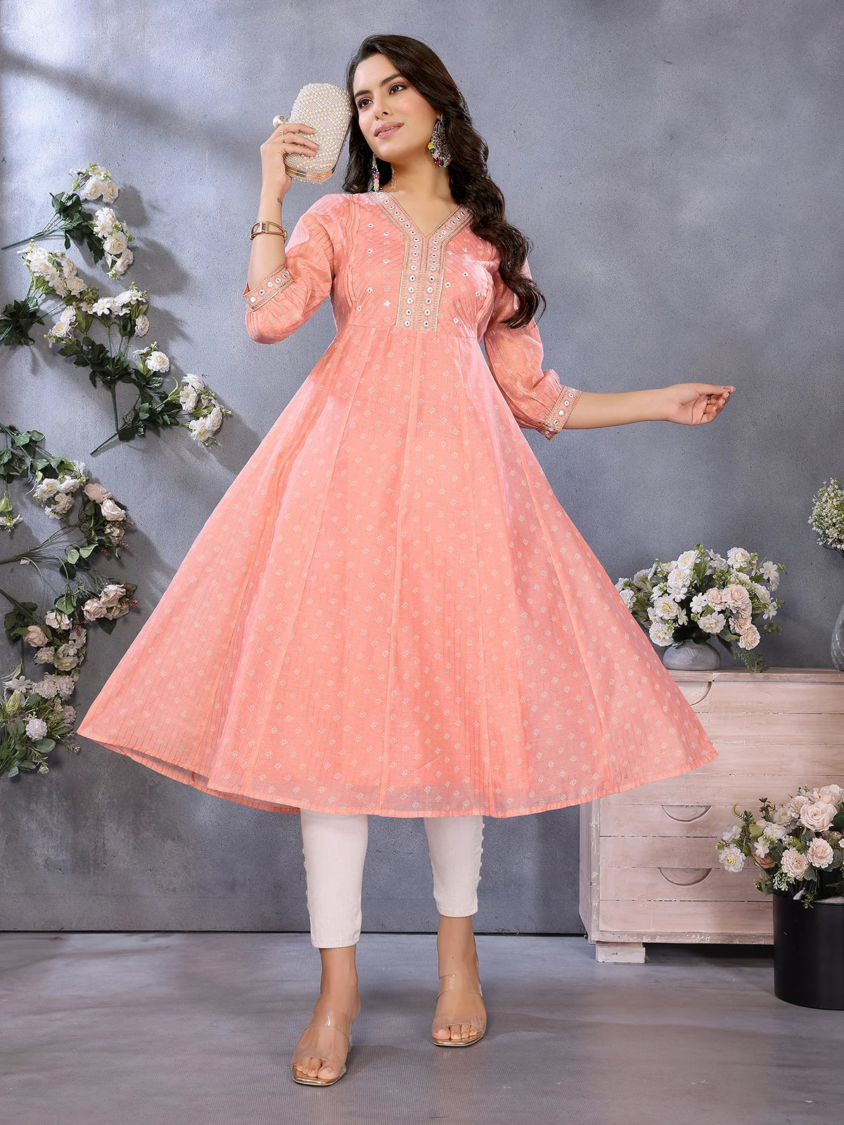 Buy Chanderi Printed Flared Calf Length Kurta-Peach