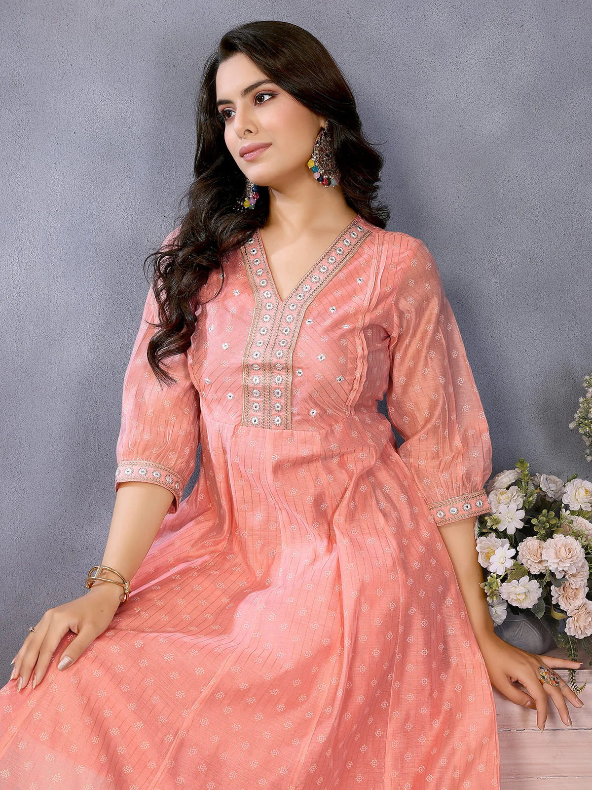 Buy Chanderi Printed Flared Calf Length Kurta-Peach