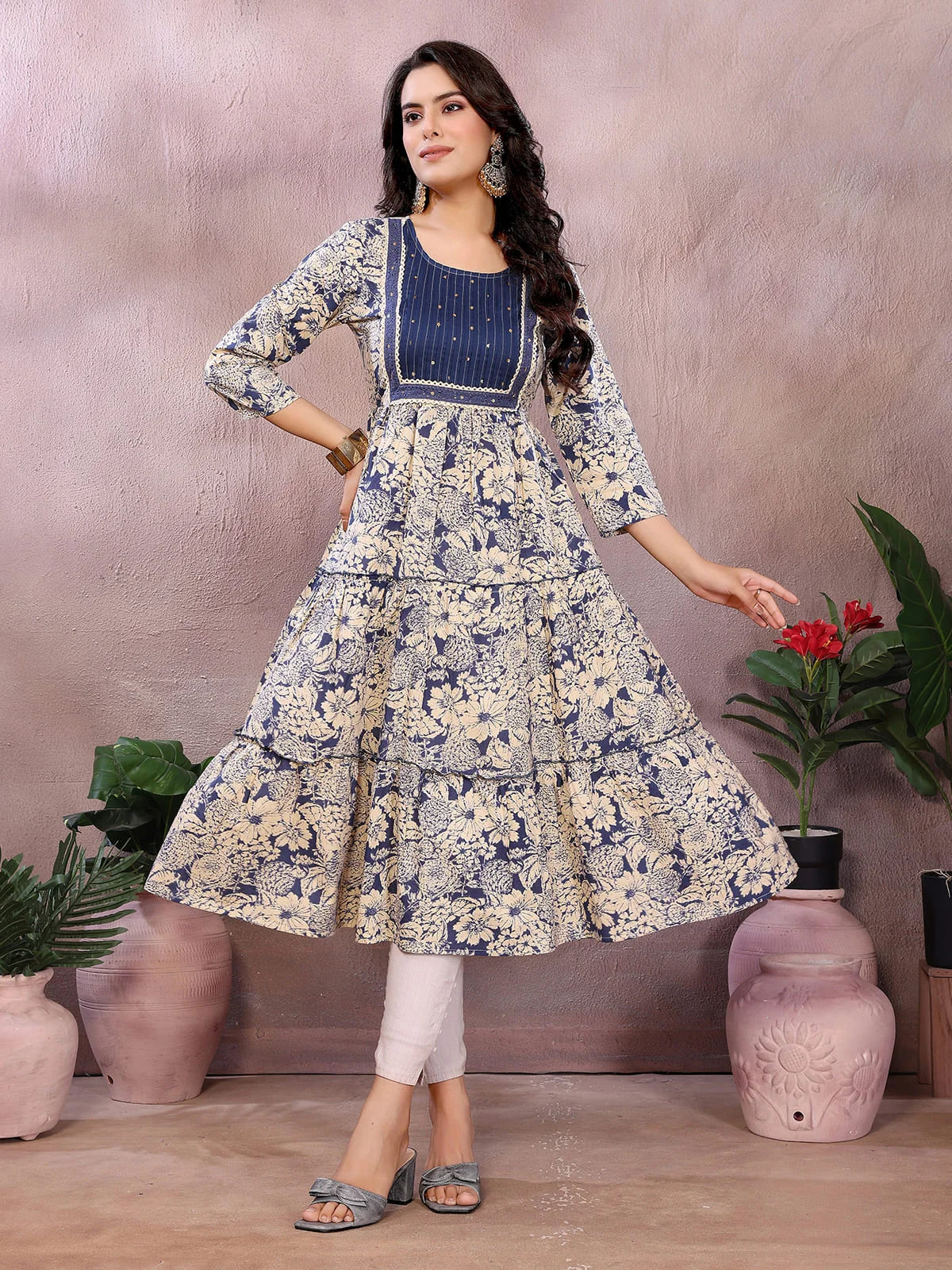 Buy Cotton Printed Tiered Calf Length Kurta-Blue