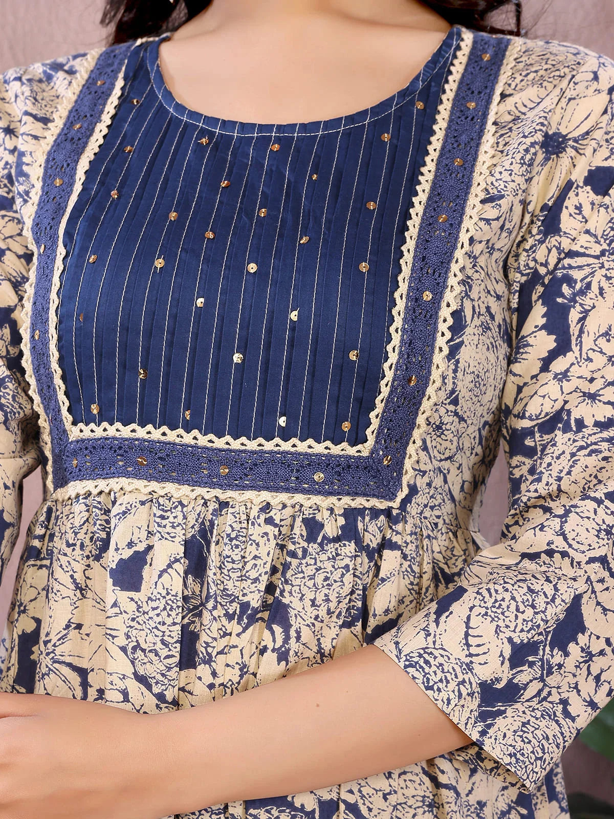 Buy Cotton Printed Tiered Calf Length Kurta-Blue