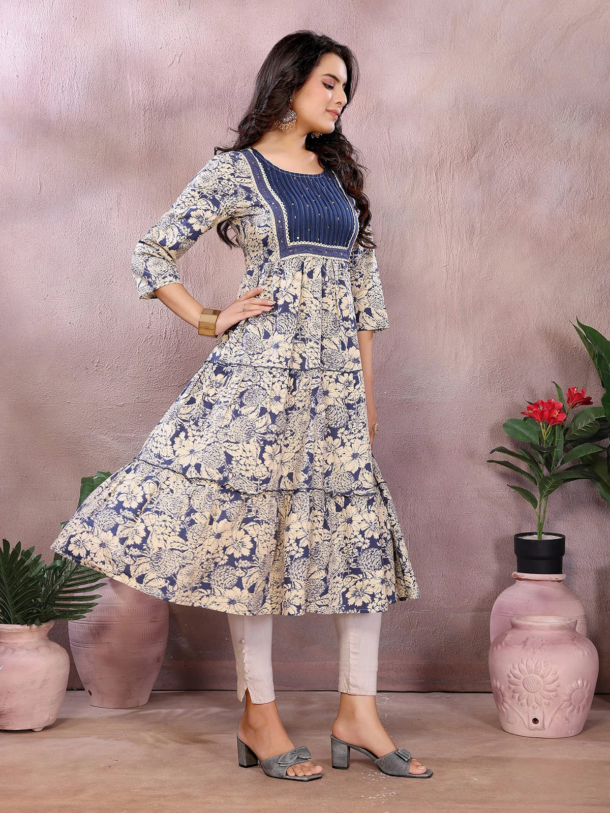Buy Cotton Printed Tiered Calf Length Kurta-Blue